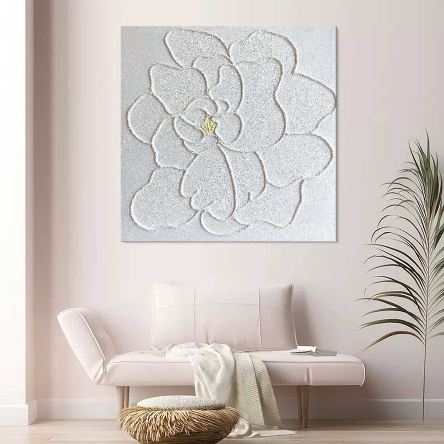 Elegant White Flower Oil Painting with Textured Plaster Finish for Home Decor