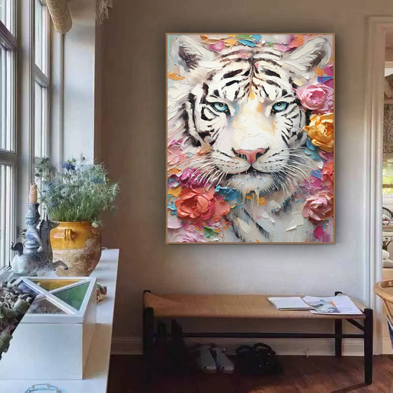 Majestic White Tiger Oil Painting with Floral Accents – Vibrant Wall Art Décor