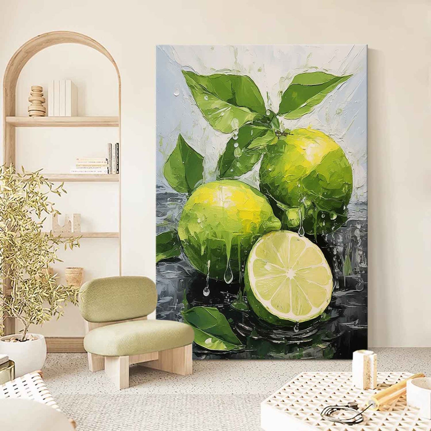 Vibrant Lemon Still Life Oil Painting with Fresh Leaves and Water Drops