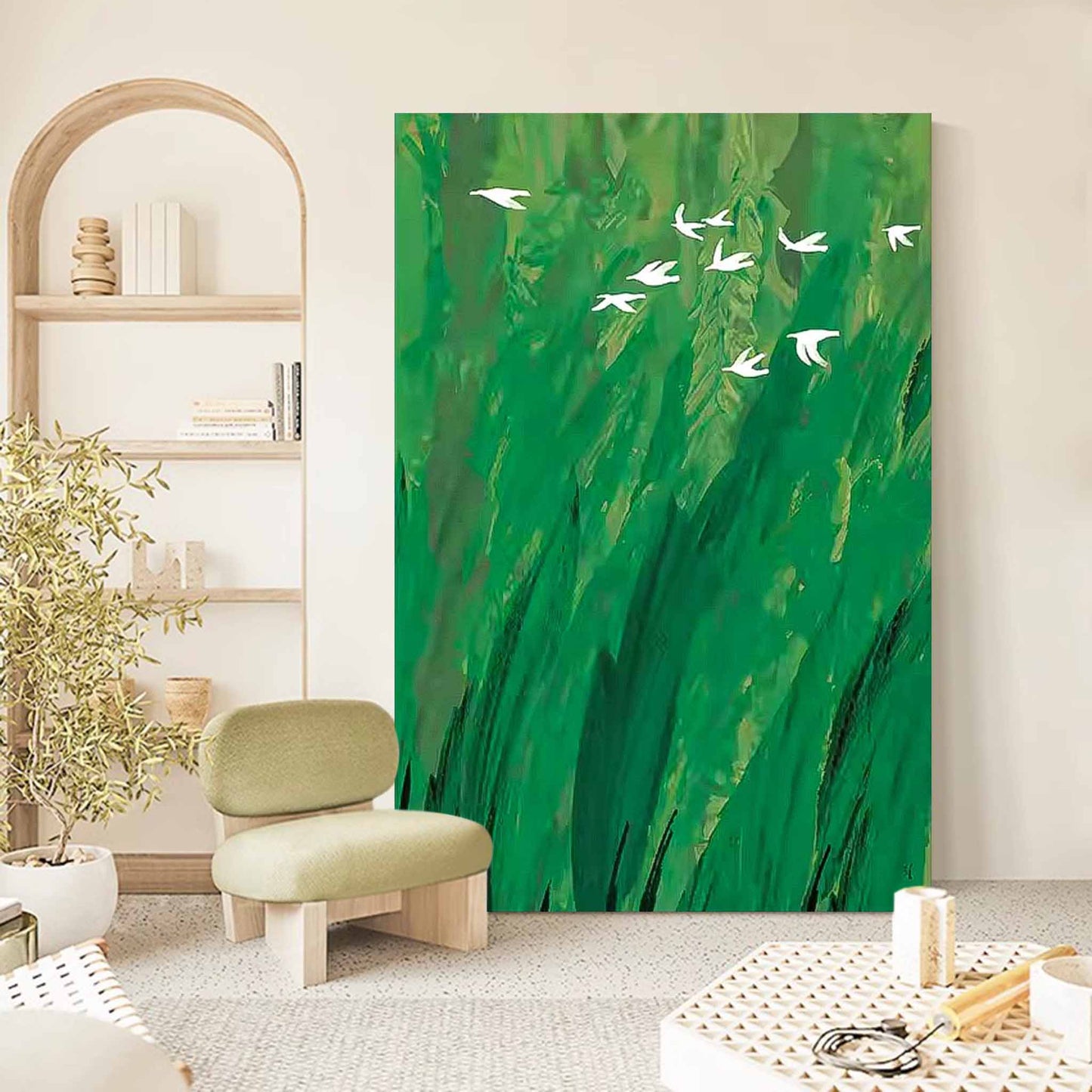 Serene Green Minimalist Oil Painting with White Birds in Flight