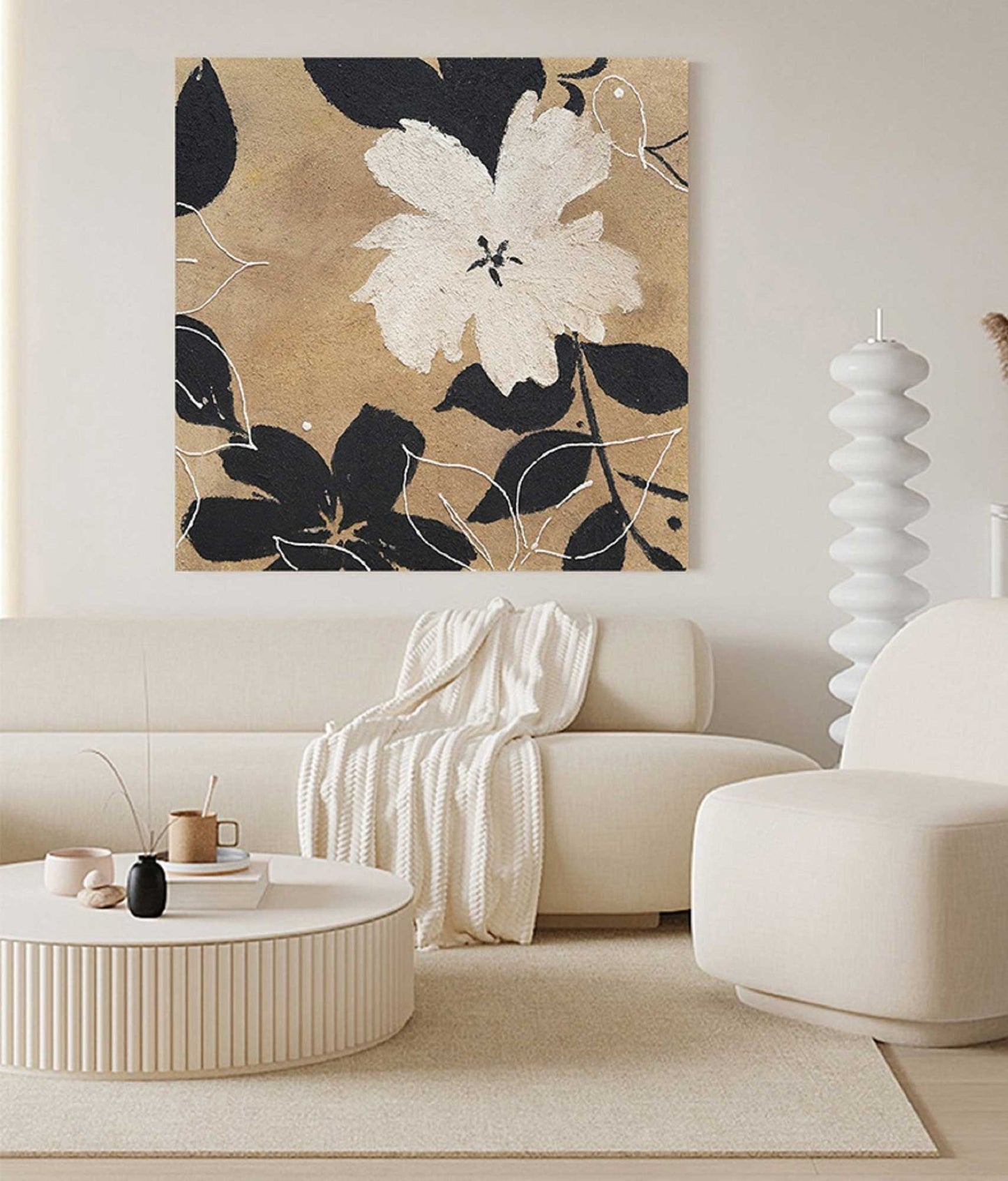 Elegant Minimalist Black and White Flower Oil Painting for Modern Decor