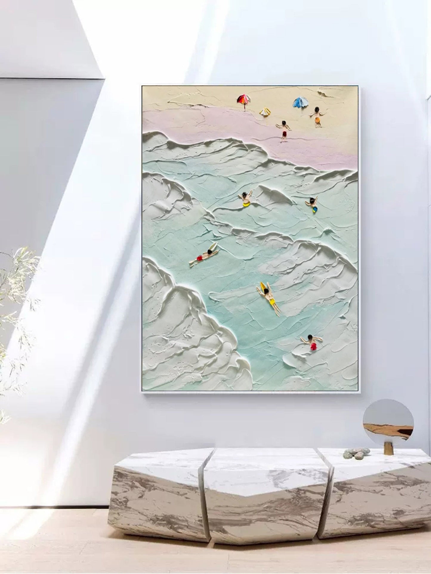 Vibrant Beach Scene Oil Painting with Textured Waves and Sunbathers