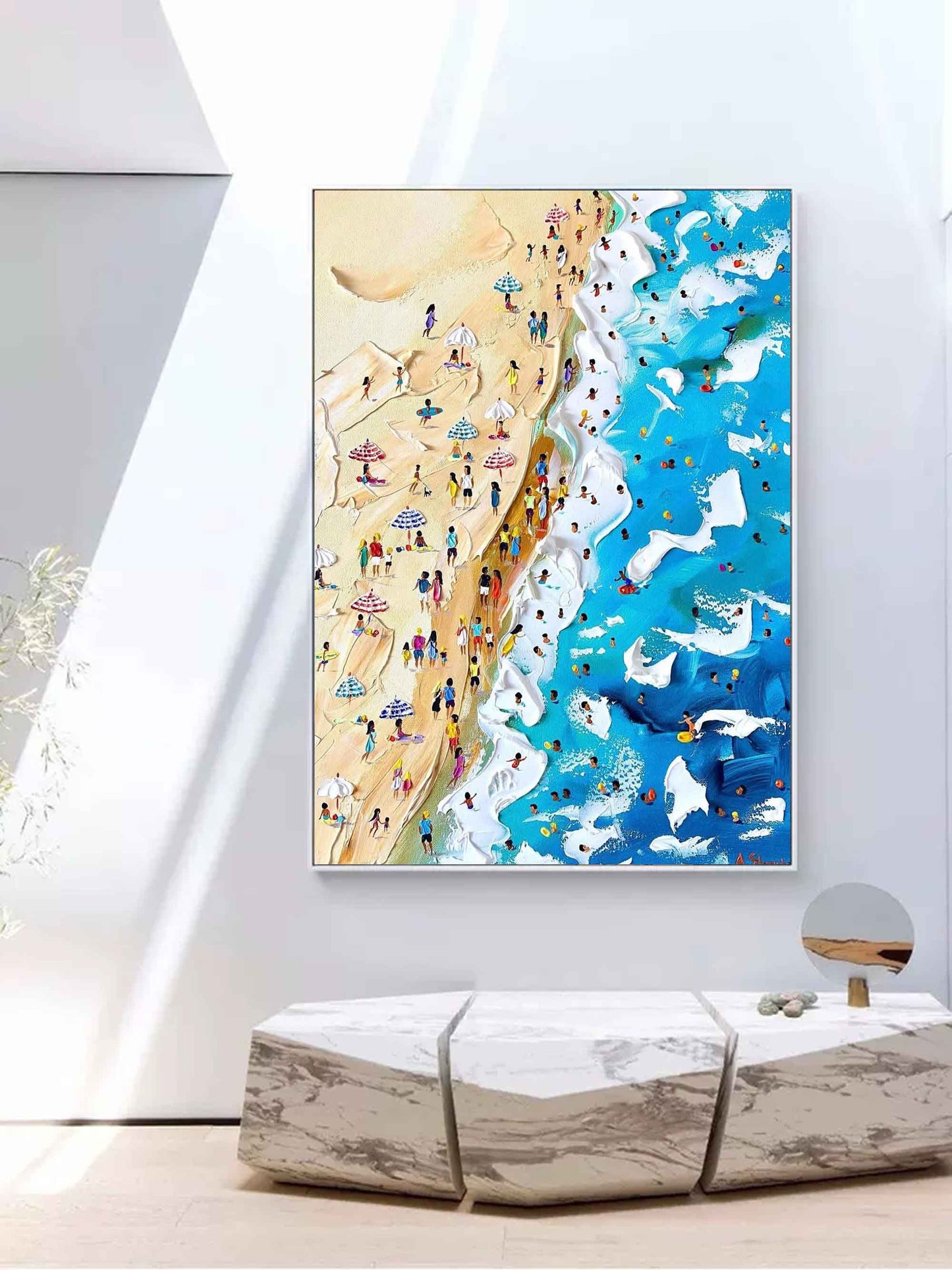 Vibrant Beach Scene Oil Painting with Sunbathers and Colorful Parasols