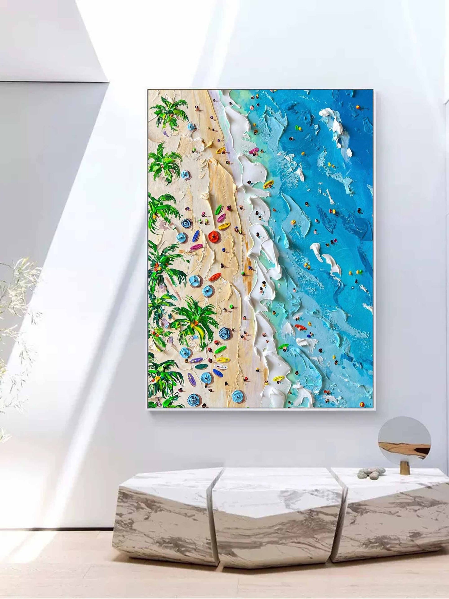 Vibrant Tropical Beach Oil Painting with Textured Waves and Lush Palm Trees