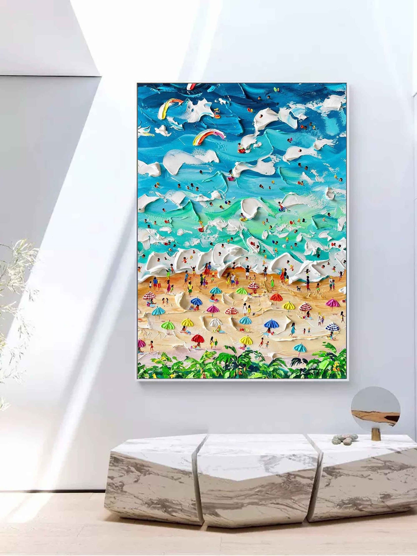 Vibrant Beach Scene Oil Painting with Textured Waves and Colorful Umbrellas