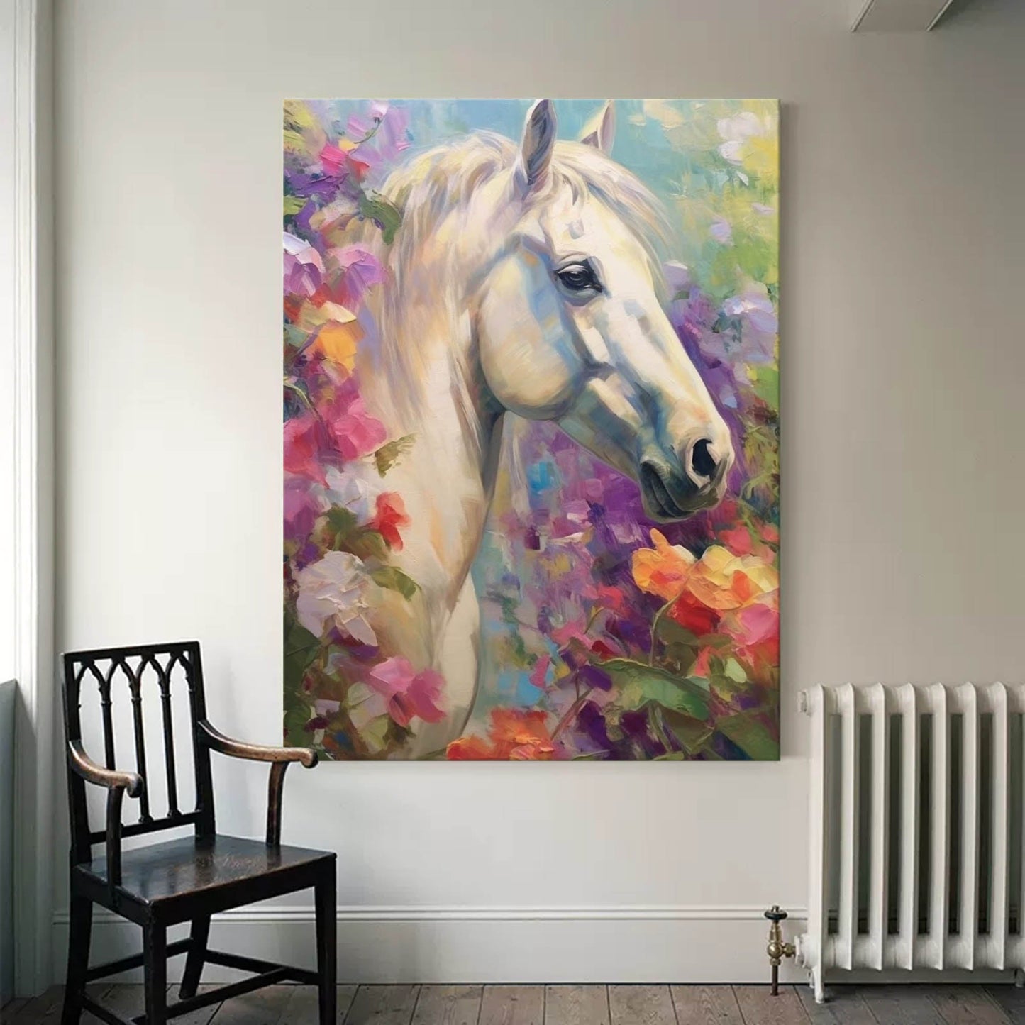 Majestic White Horse Oil Painting Surrounded by Vibrant Floral Beauty