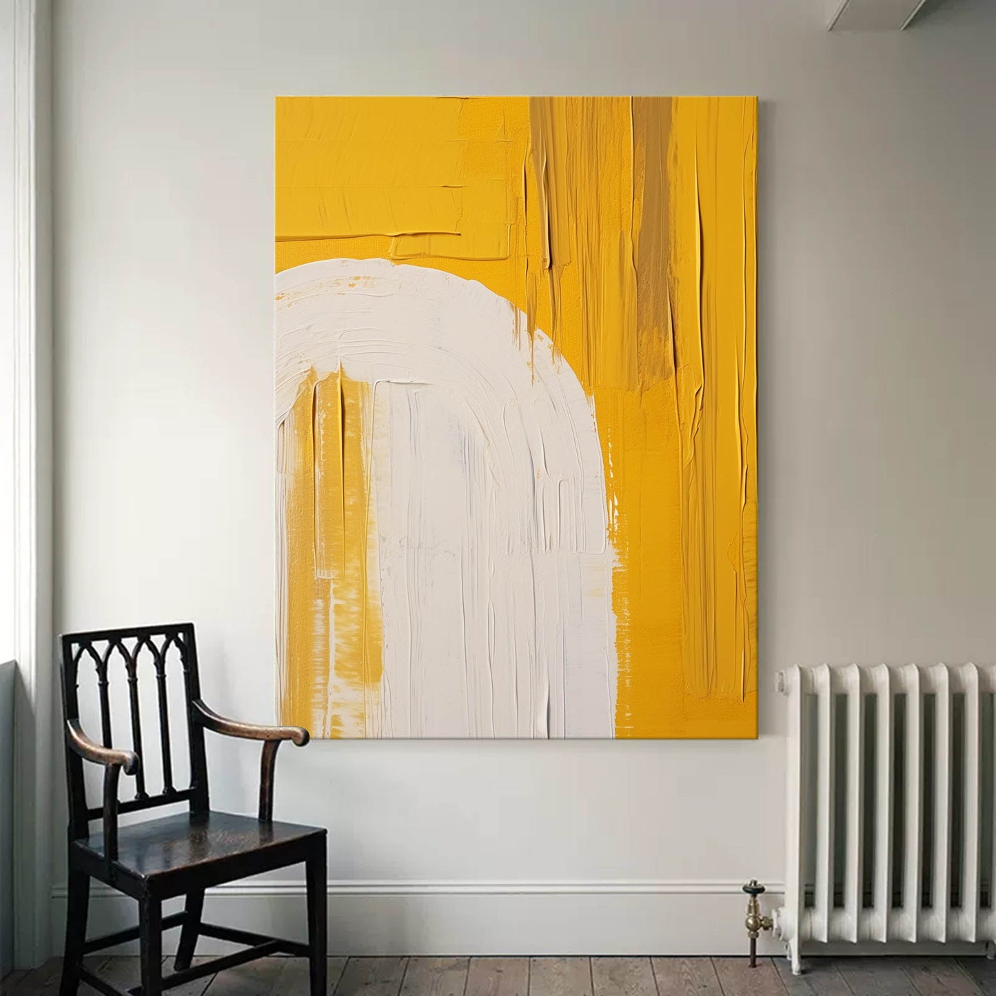 Vibrant Minimalist Yellow and White Abstract Oil Painting for Modern Decor