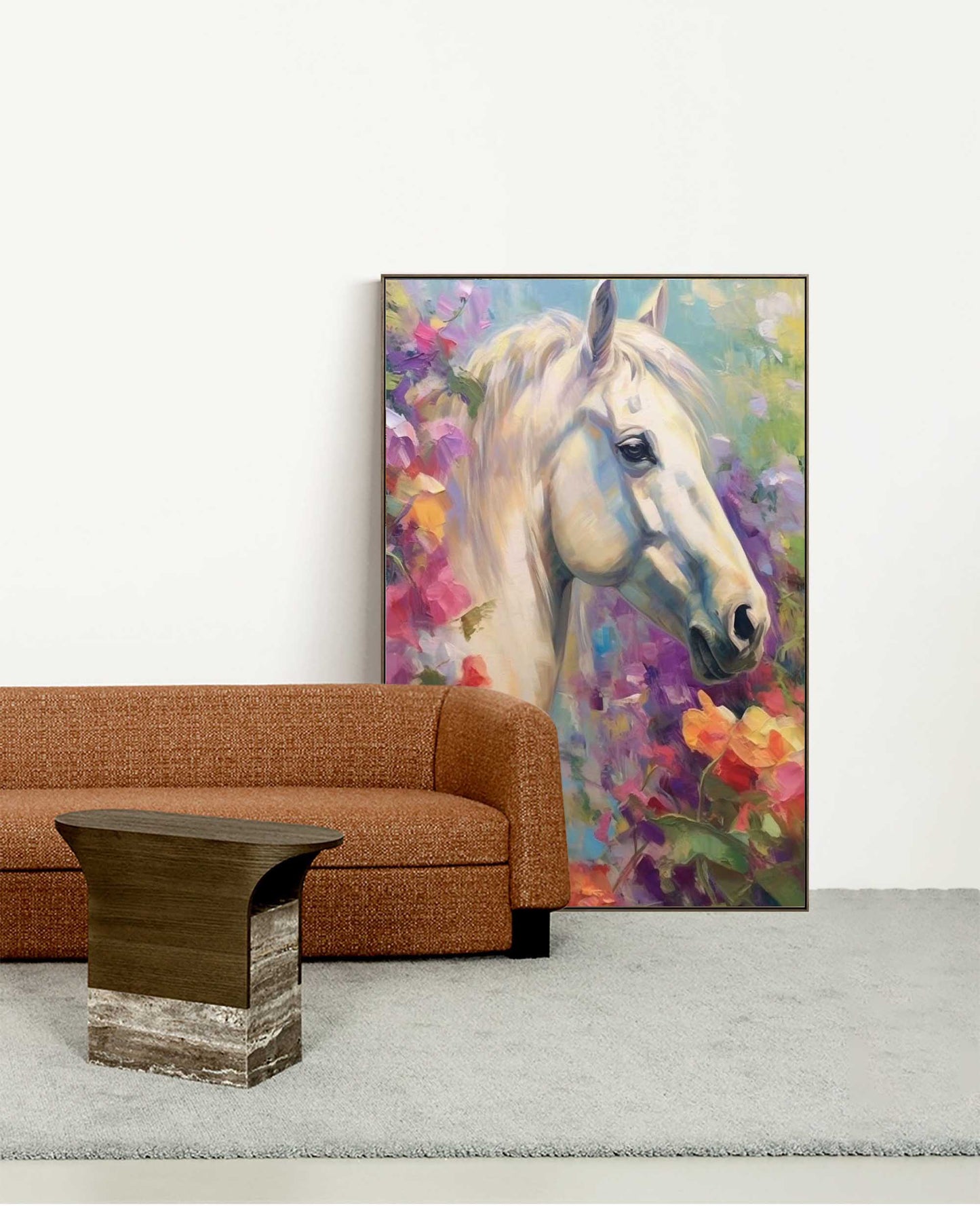 Majestic White Horse Oil Painting Surrounded by Vibrant Floral Beauty