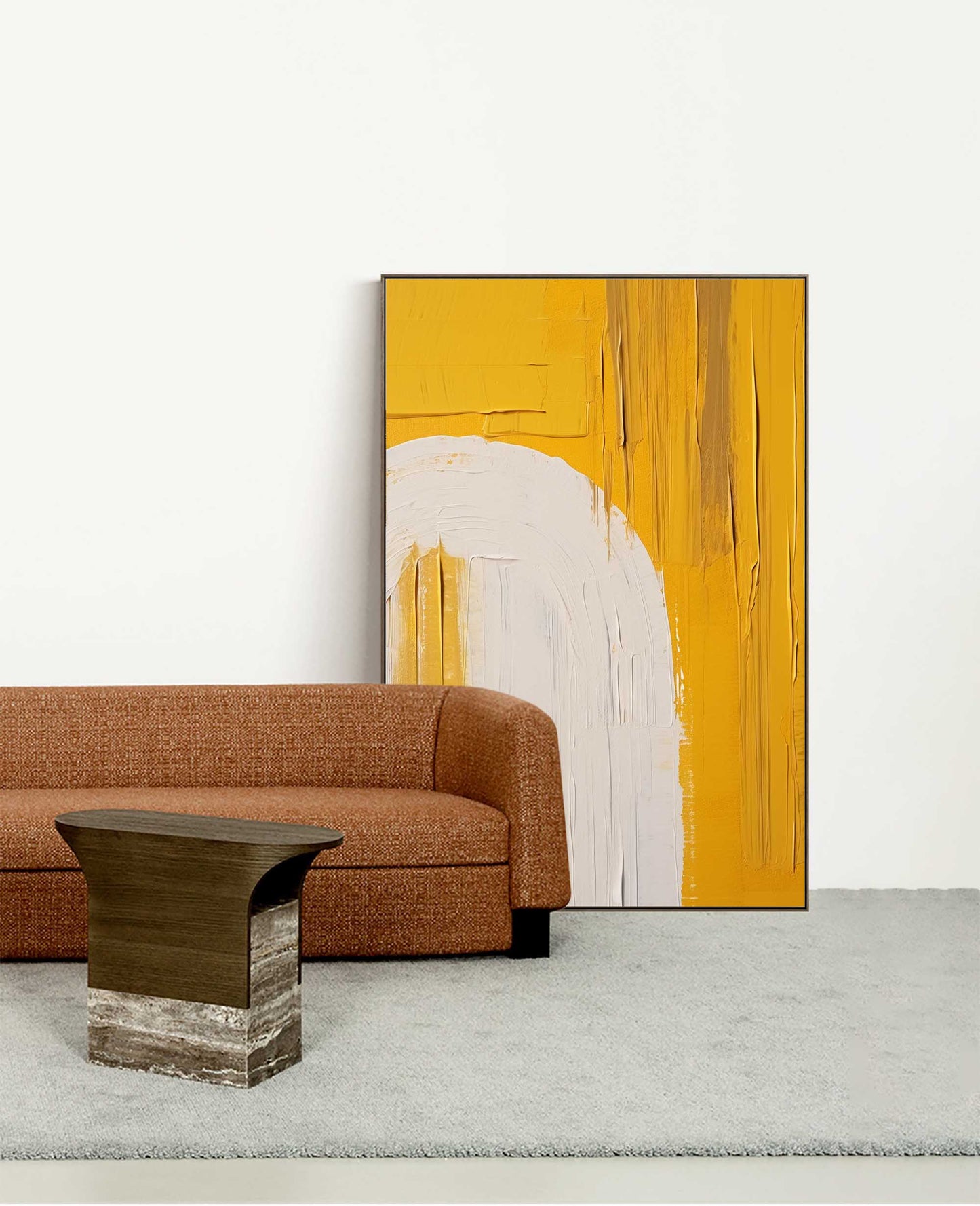 Vibrant Minimalist Yellow and White Abstract Oil Painting for Modern Decor