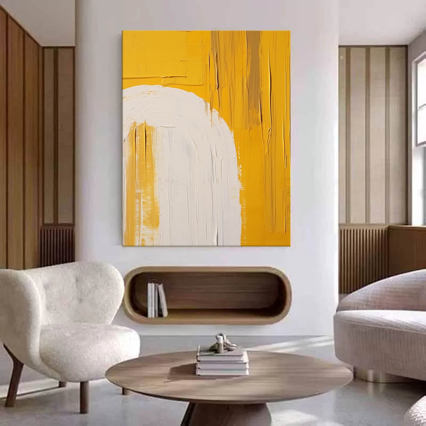 Vibrant Minimalist Yellow and White Abstract Oil Painting for Modern Decor