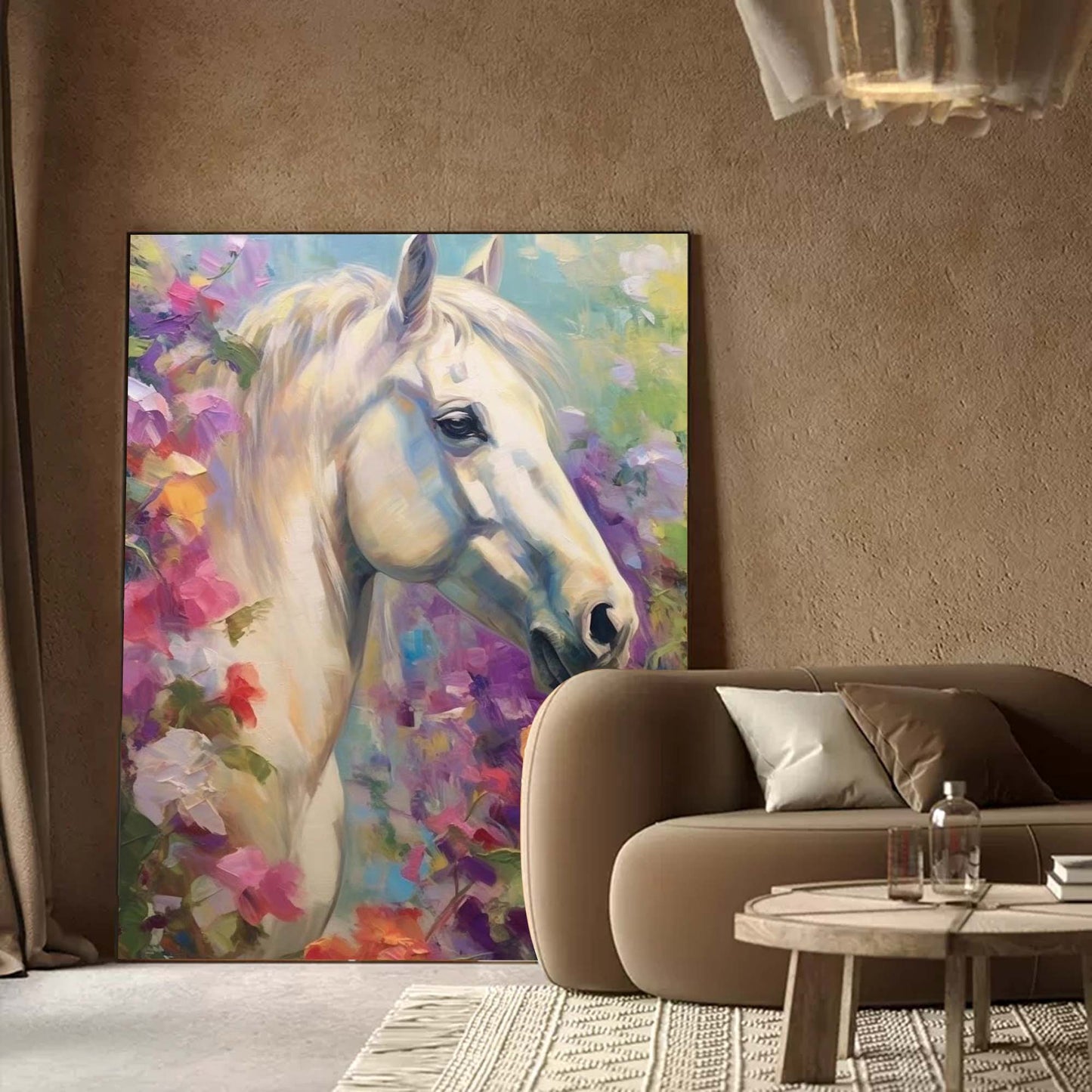 Majestic White Horse Oil Painting Surrounded by Vibrant Floral Beauty