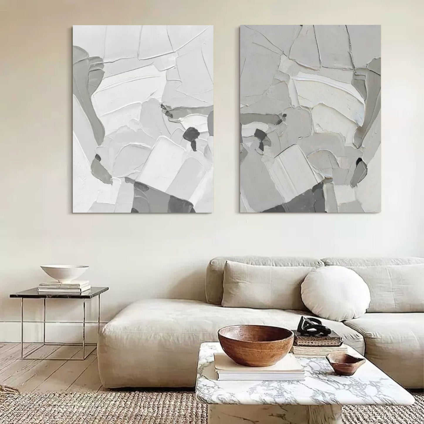 Contemporary Abstract Oil Painting Duo in Monochrome Shades for Modern Decor