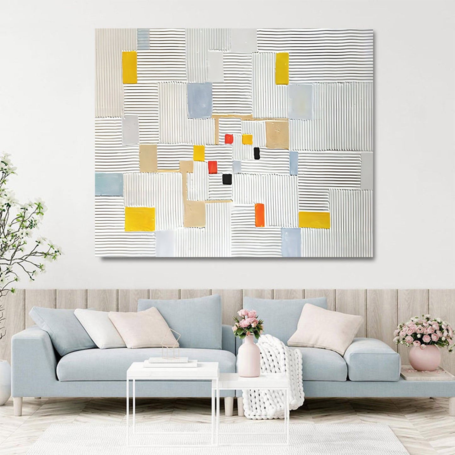 Modern Abstract Oil Painting with Texture and Geometric Shapes for Contemporary Decor