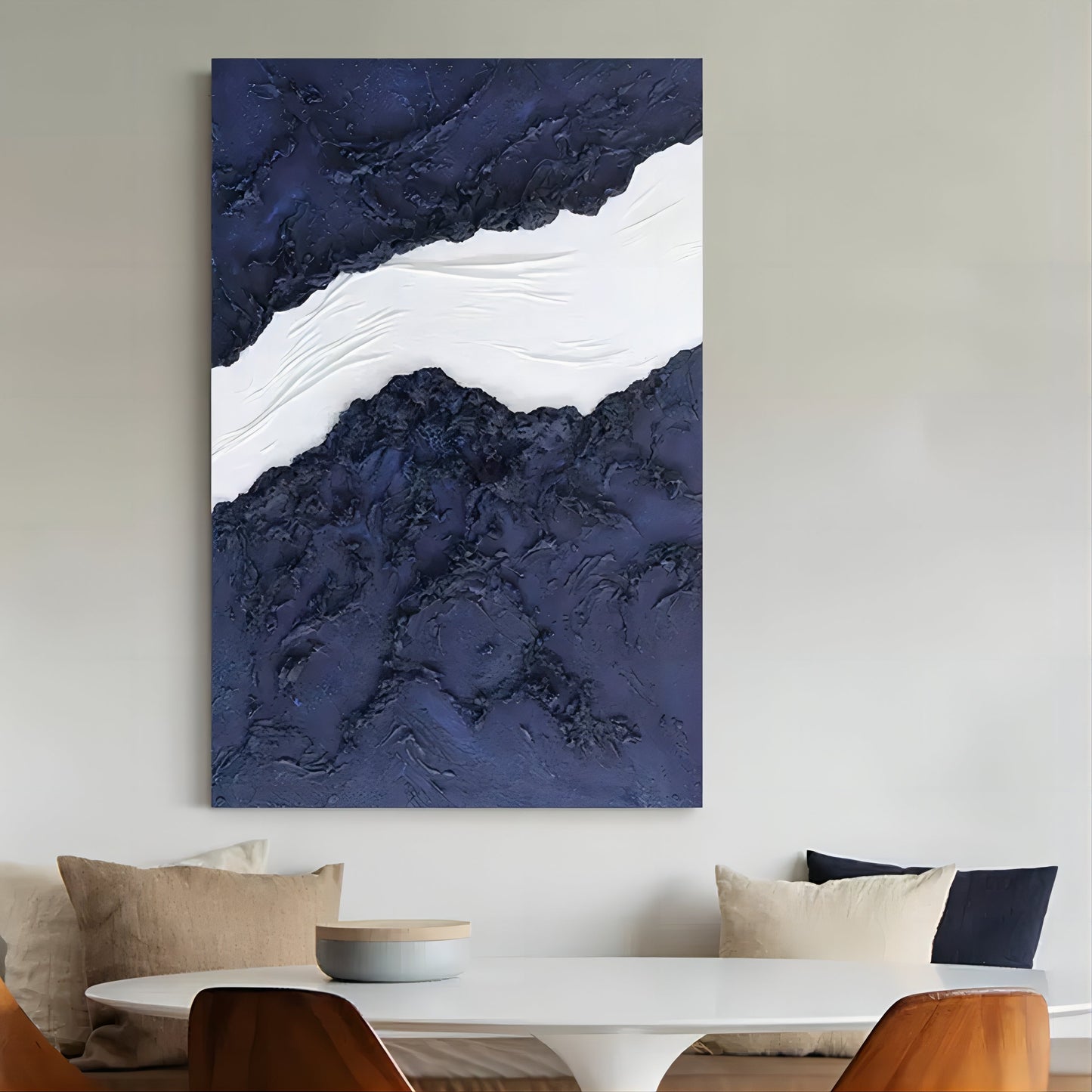 Abstract Blue and White Textured Oil Painting for Modern Home Decor