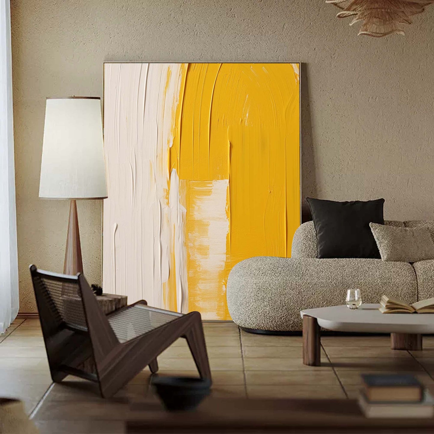 Contemporary Yellow and White Minimalist Oil Painting for Modern Home Decor