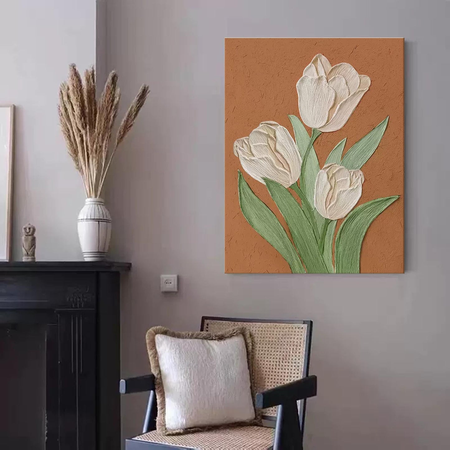 Elegant Cream Tulips Oil Painting on Brown Canvas | Floral Wall Art Decor