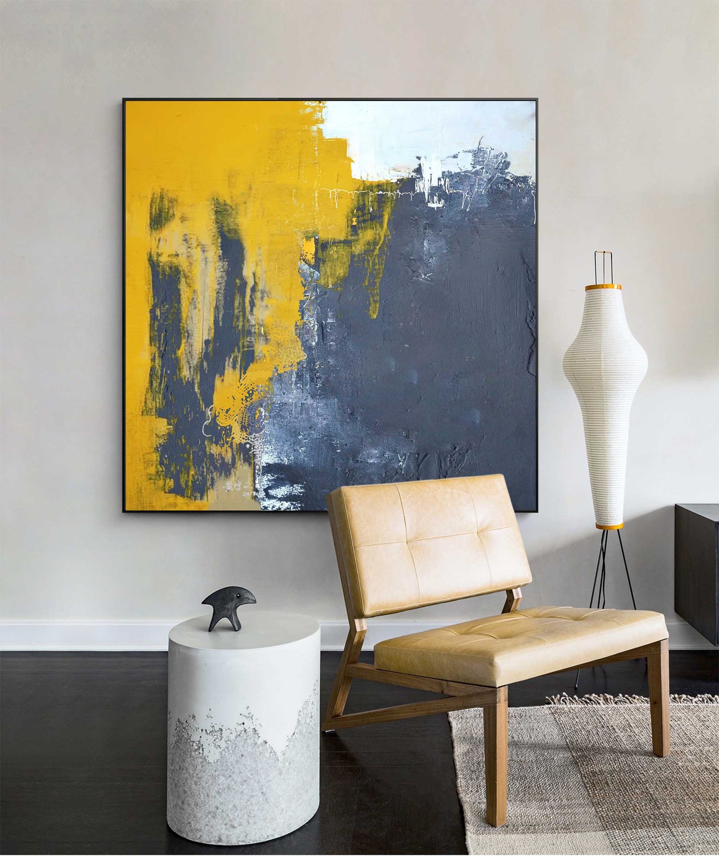Bold Abstract Oil Painting with Yellow and Gray Textures for Modern Art Decor