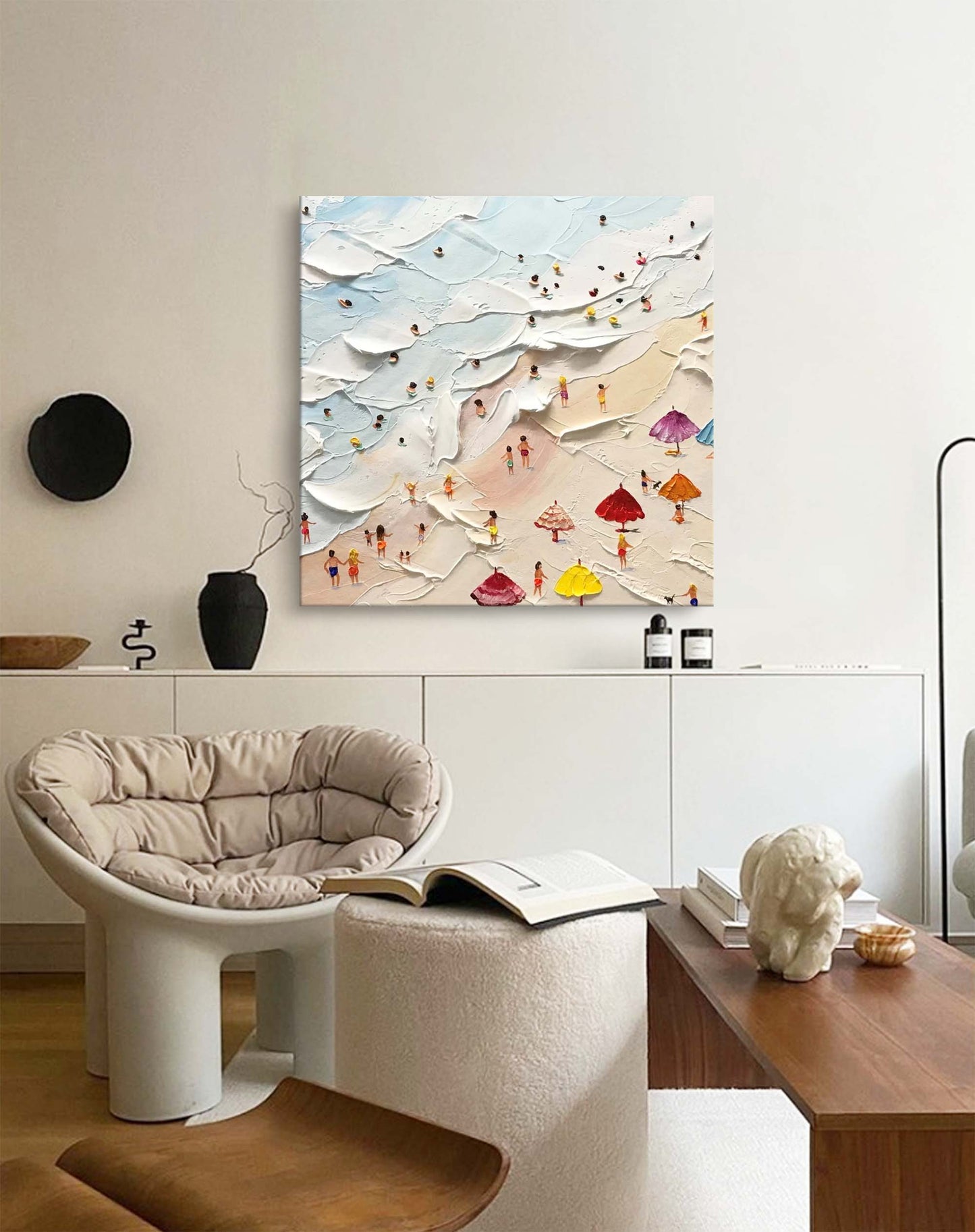 Vibrant Beach Scene Oil Painting with Colorful Umbrellas and Ocean Waves