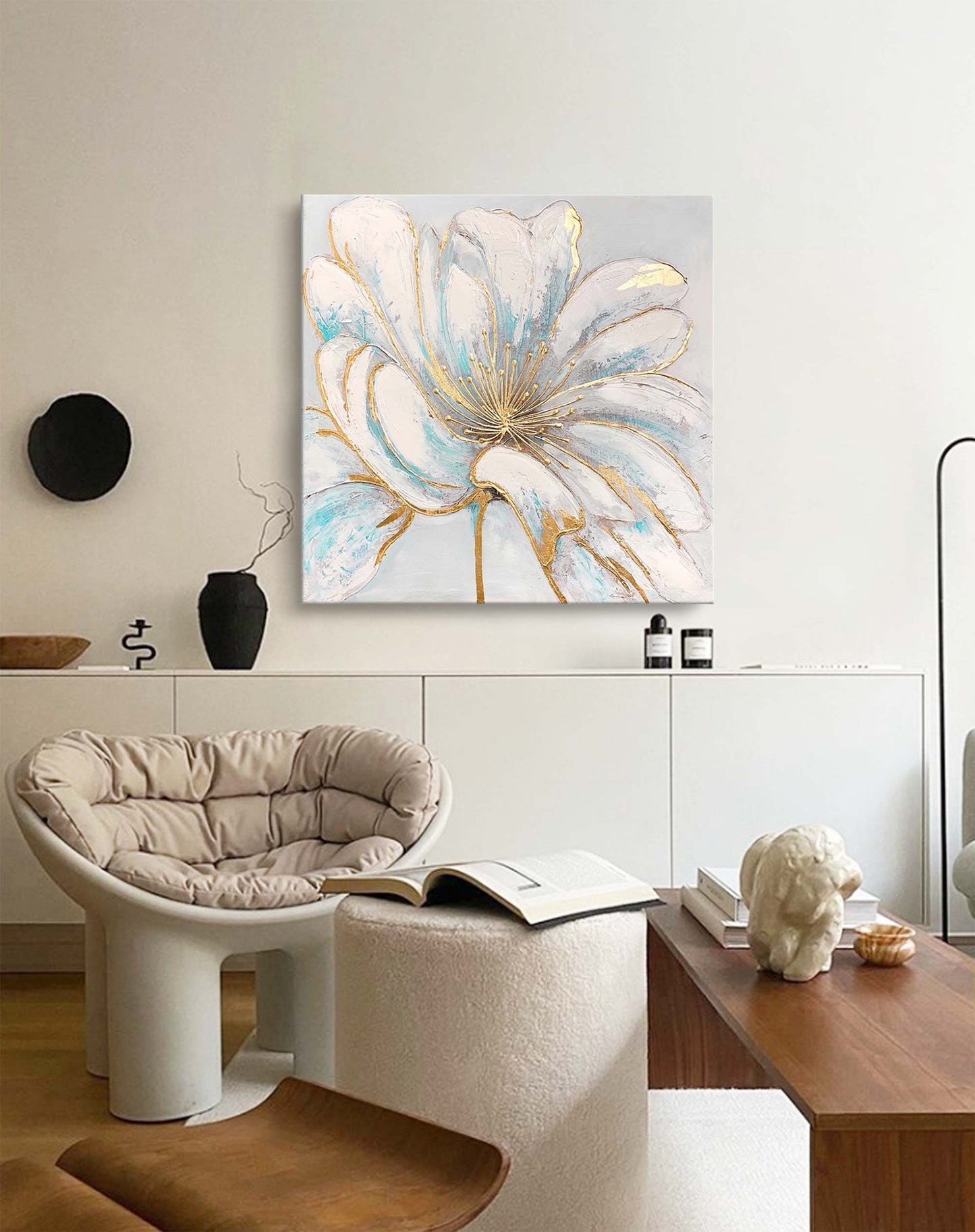 Elegant White Flower Oil Painting with Gold Accents for Home Decor