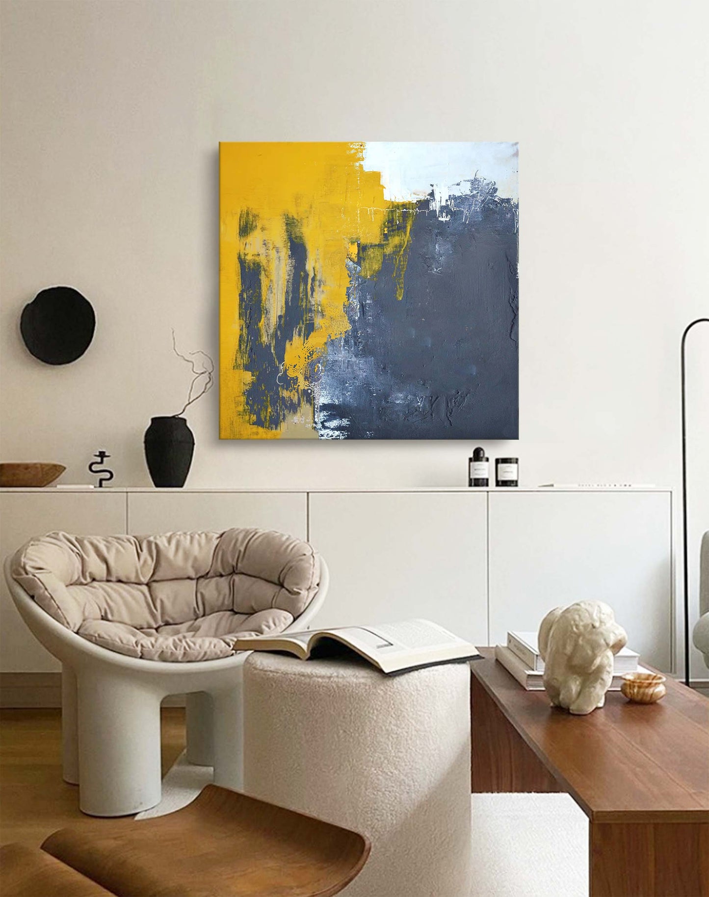 Bold Abstract Oil Painting with Yellow and Gray Textures for Modern Art Decor