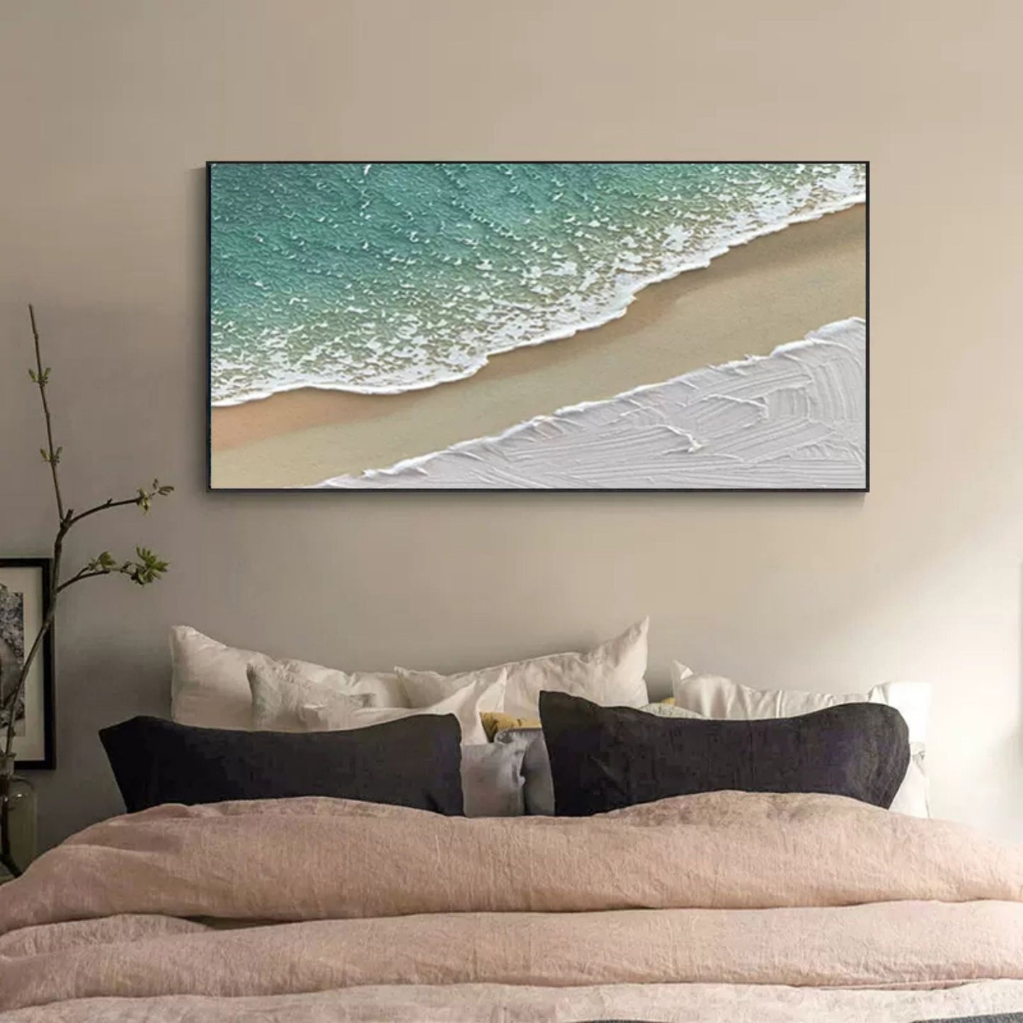Serene Seaside Abstract Oil Painting with Textured Waves and Sandy Beach