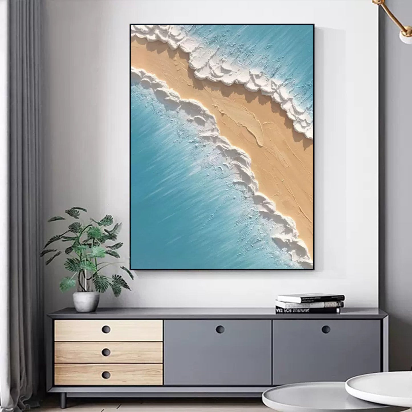 Coastal Serenity: Textured Oil Painting of Beach and Waves
