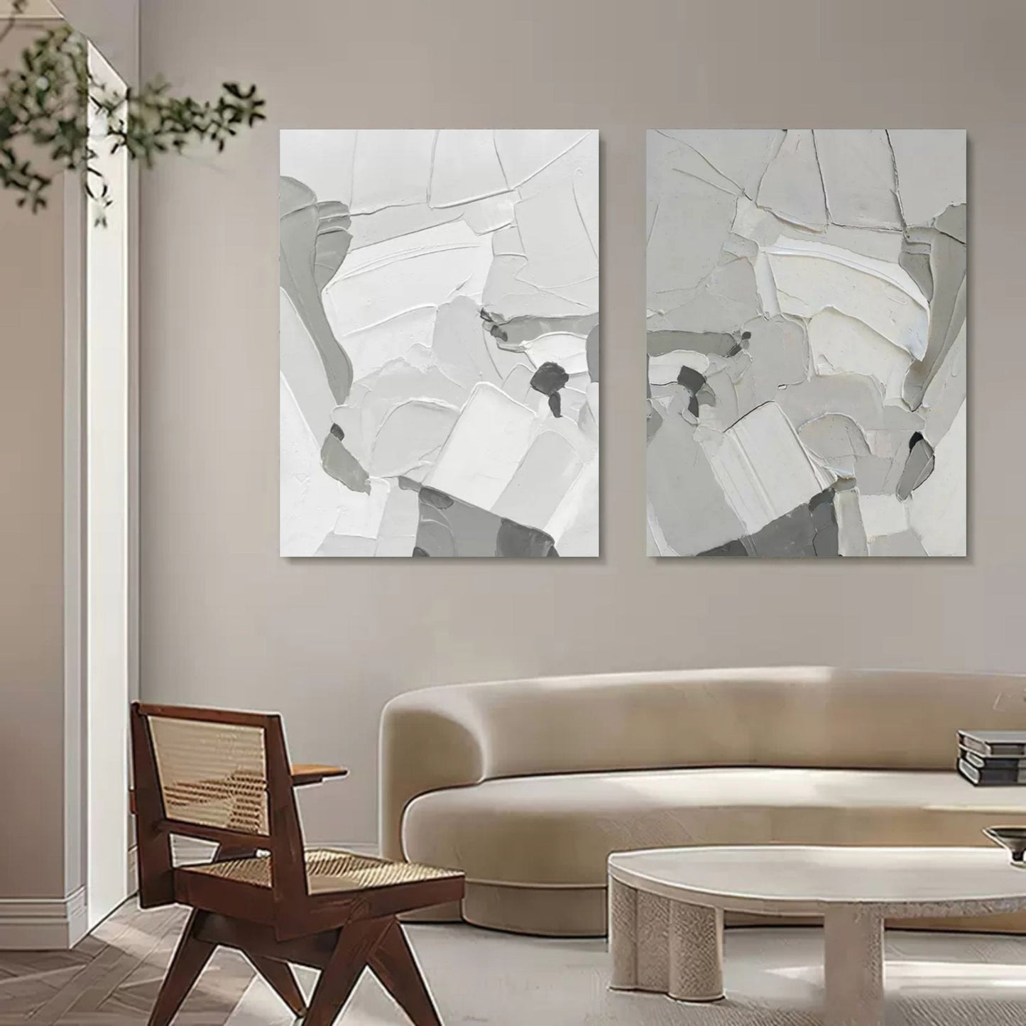 Contemporary Abstract Oil Painting Duo in Monochrome Shades for Modern Decor