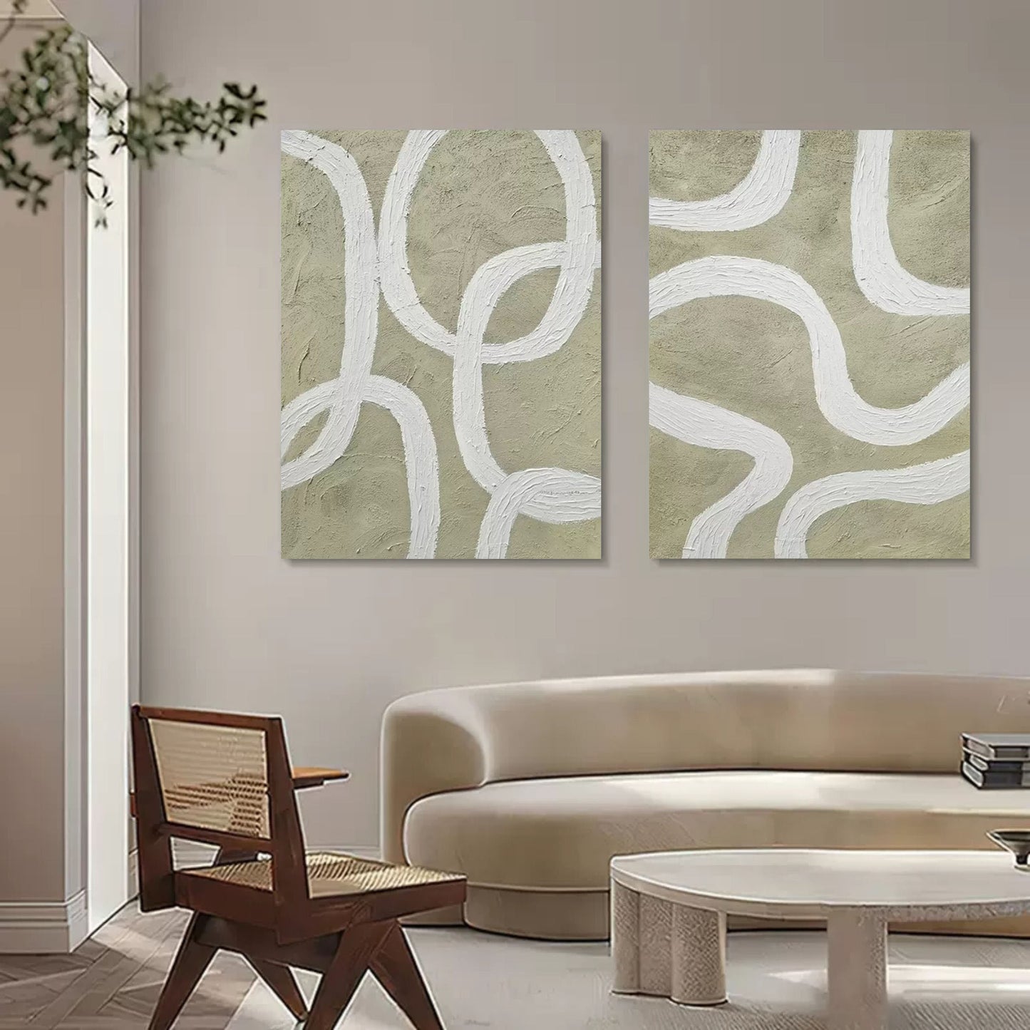 Minimalist Abstract Oil Painting Duo for Modern Home Decor