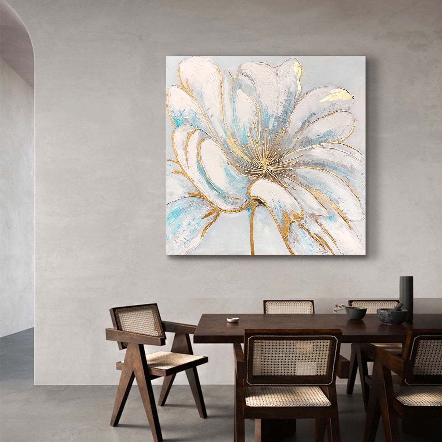 Elegant White Flower Oil Painting with Gold Accents for Home Decor