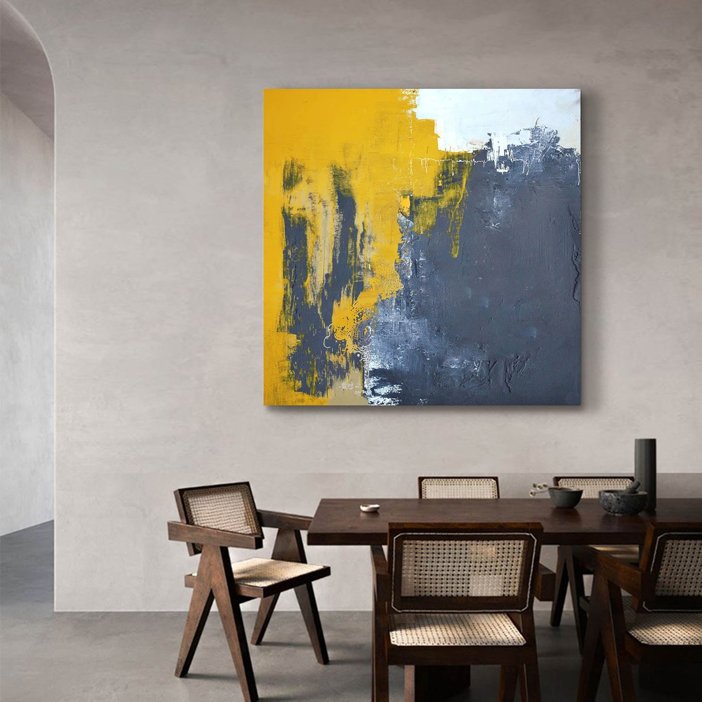 Bold Abstract Oil Painting with Yellow and Gray Textures for Modern Art Decor