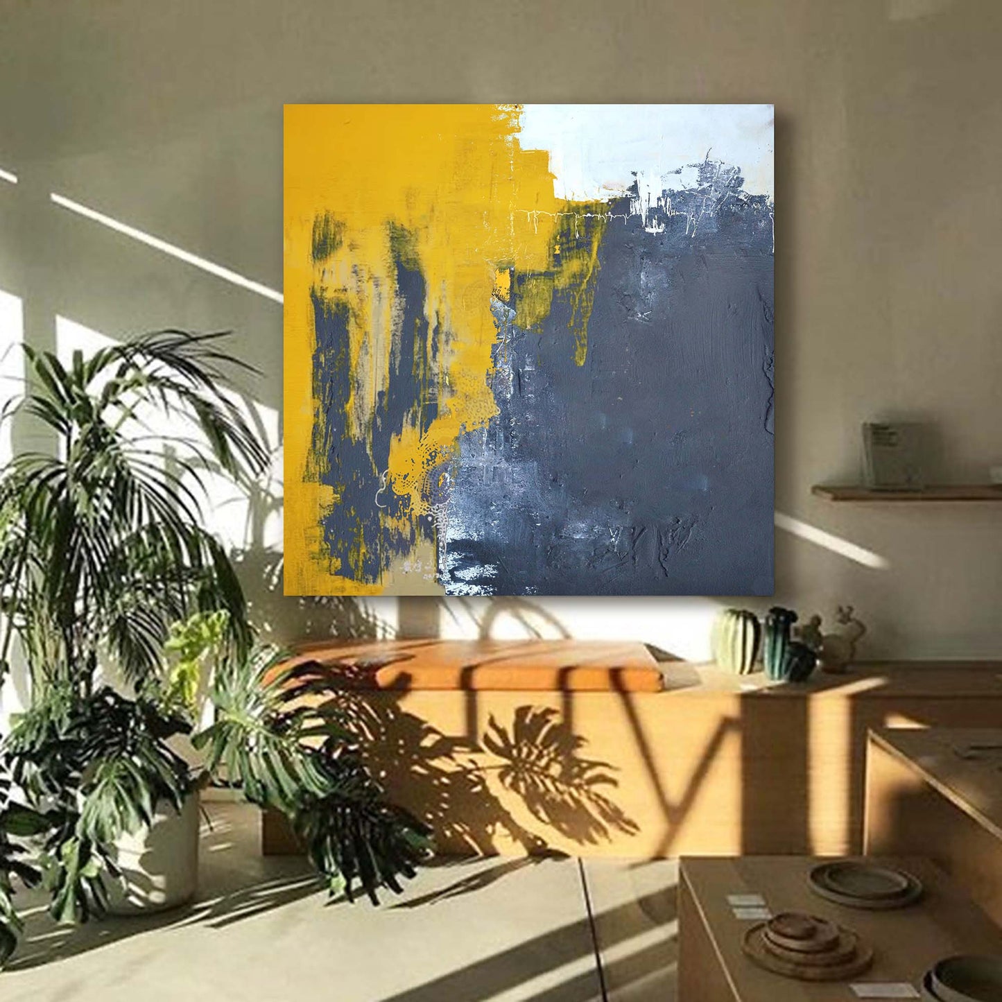Bold Abstract Oil Painting with Yellow and Gray Textures for Modern Art Decor