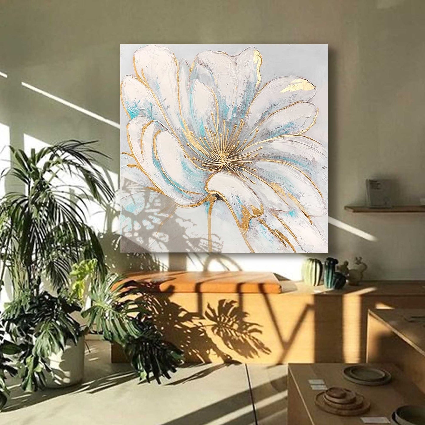 Elegant White Flower Oil Painting with Gold Accents for Home Decor