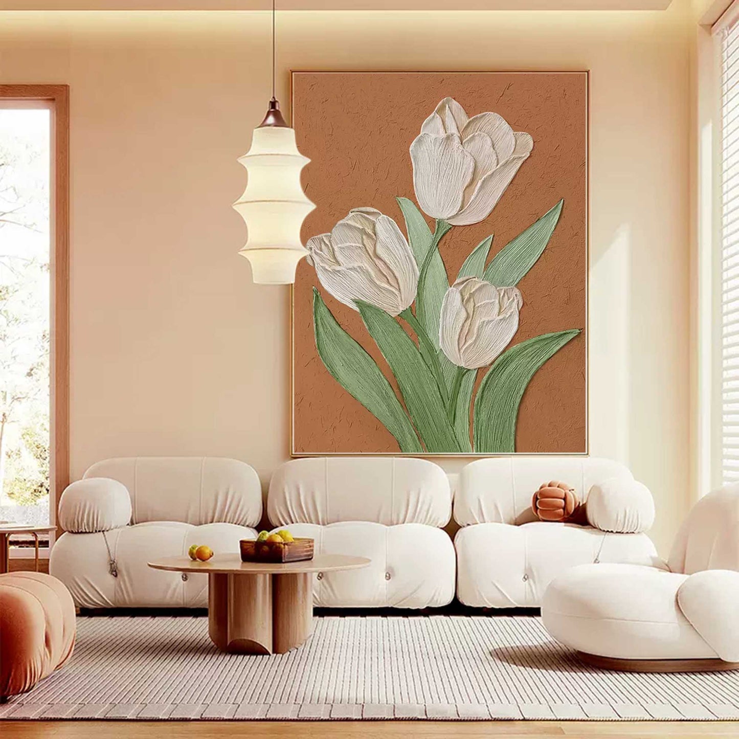 Elegant Cream Tulips Oil Painting on Brown Canvas | Floral Wall Art Decor