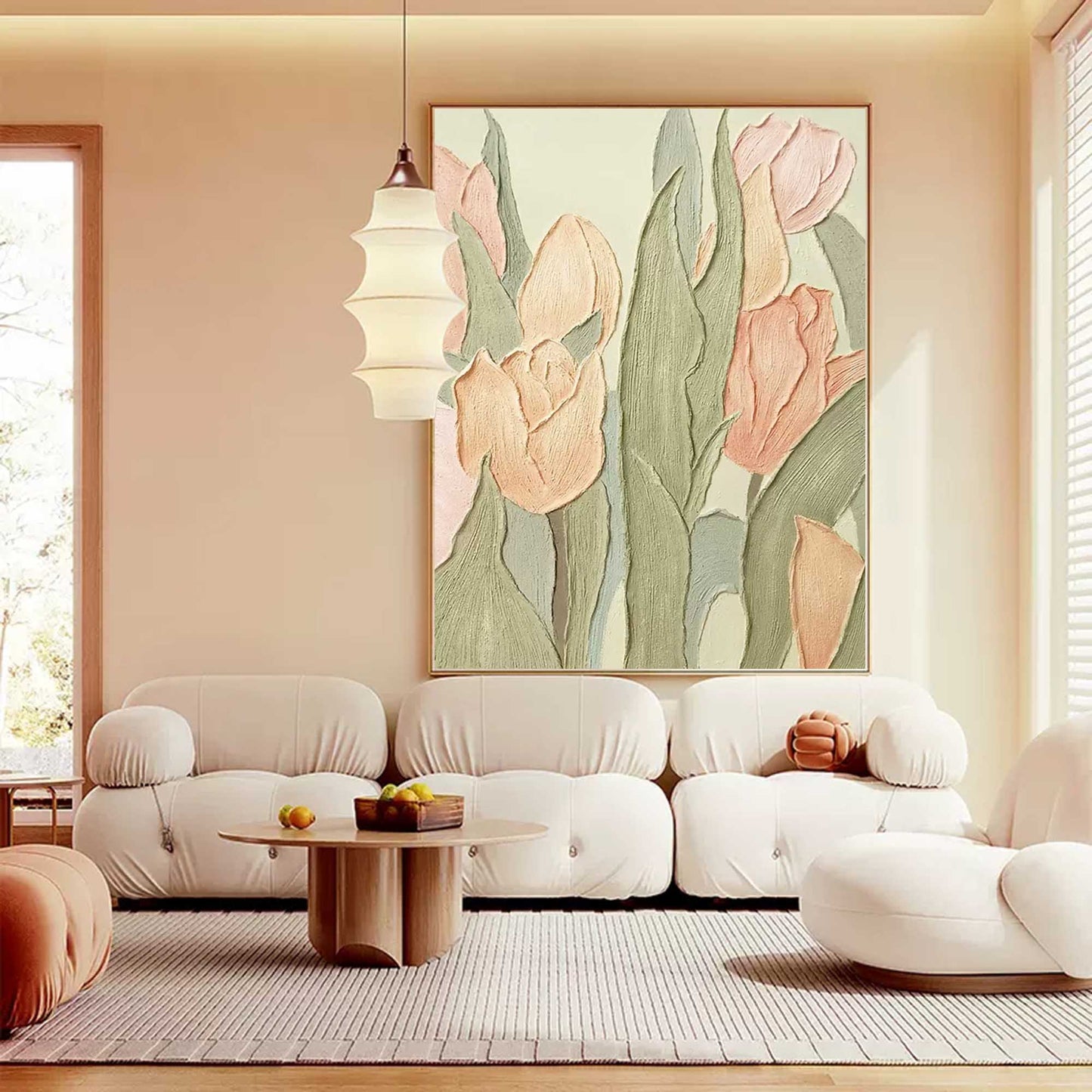 Elegant Floral Oil Painting of Soft Pink Tulips on Textured Canvas