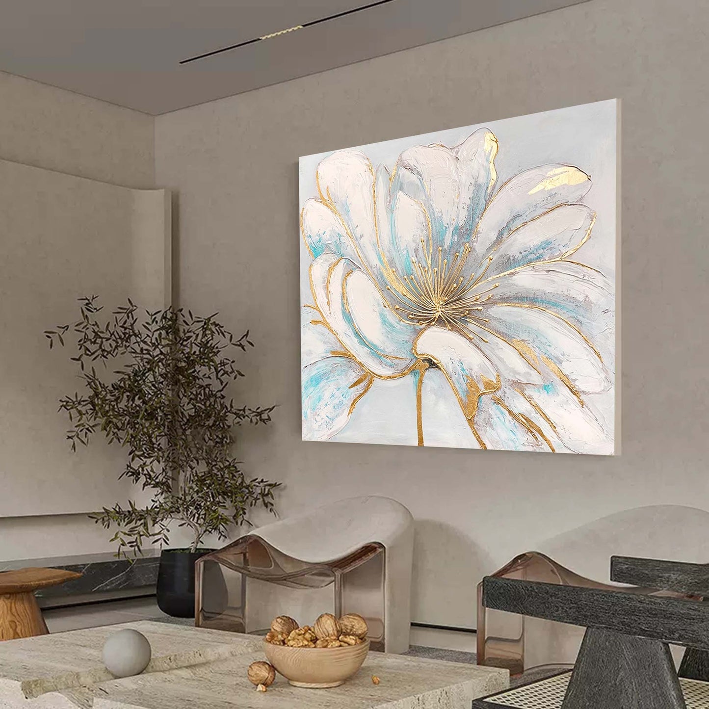 Elegant White Flower Oil Painting with Gold Accents for Home Decor