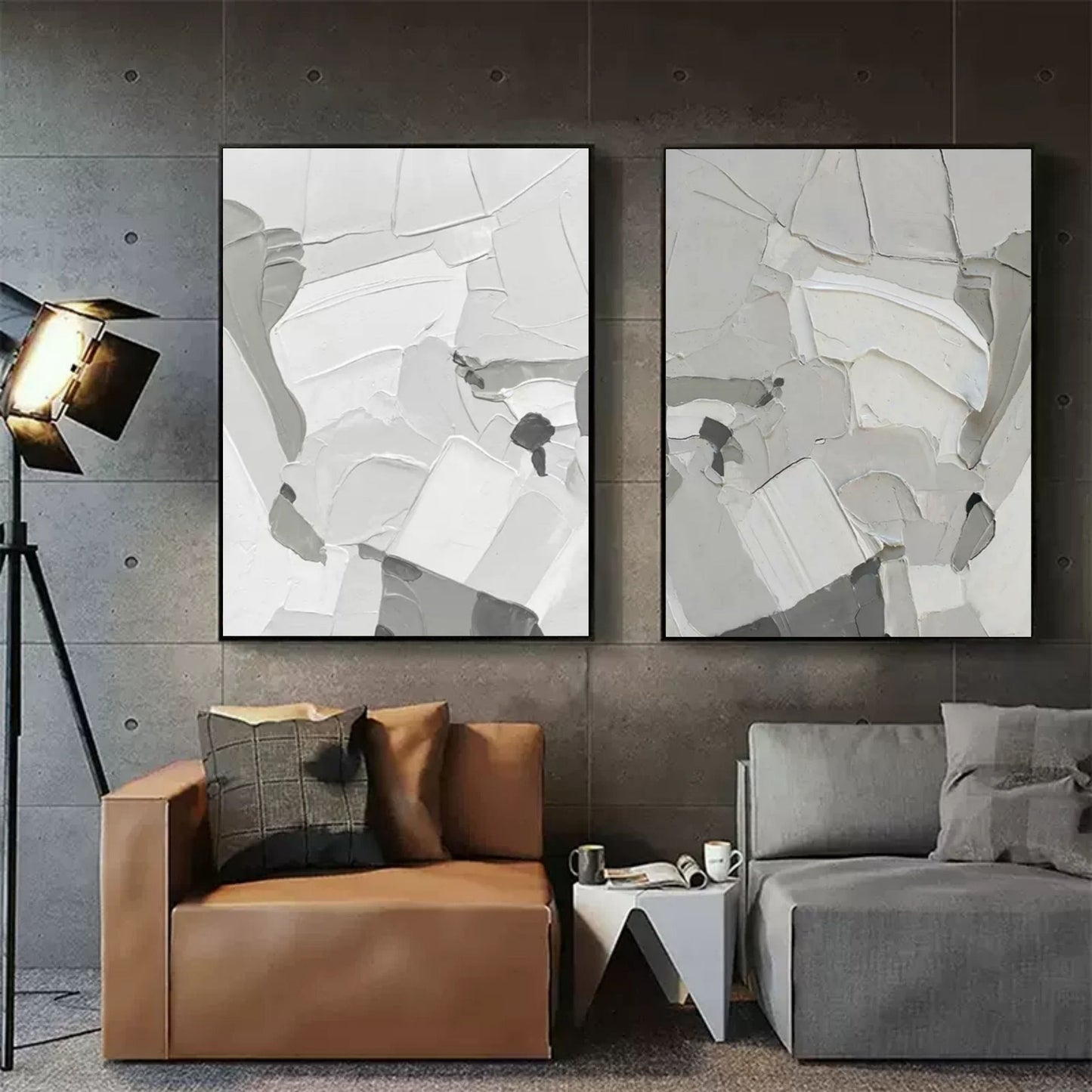 Contemporary Abstract Oil Painting Duo in Monochrome Shades for Modern Decor