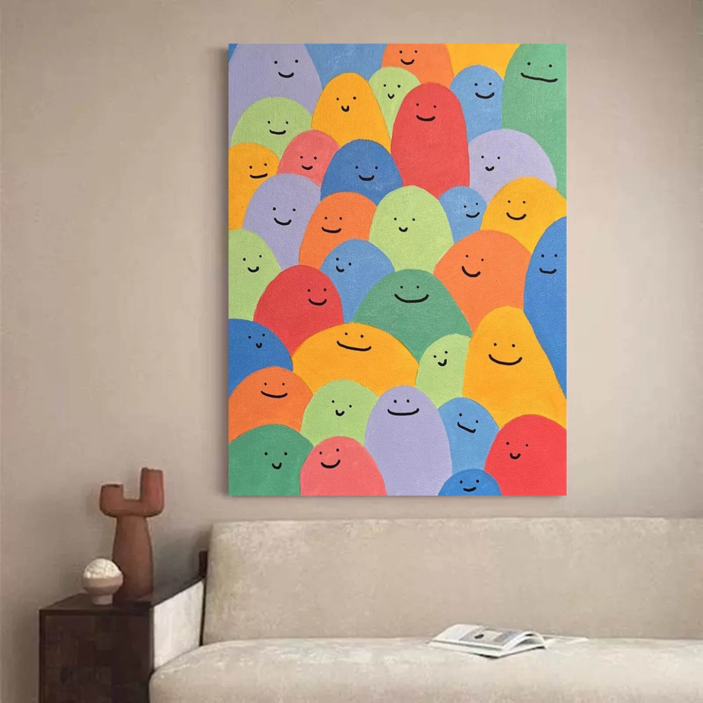 Colorful Abstract Oil Painting of Happy Faces – Cheerful Canvas Wall Art Decor