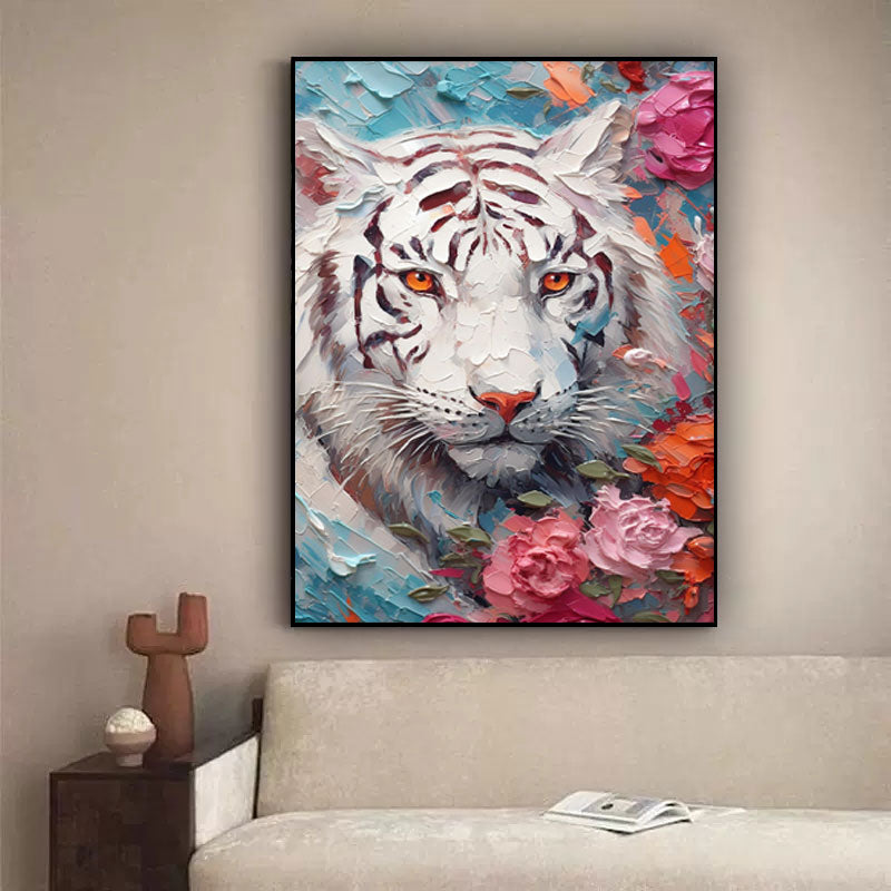 Majestic White Tiger Oil Painting with Floral Accents for Animal Lovers