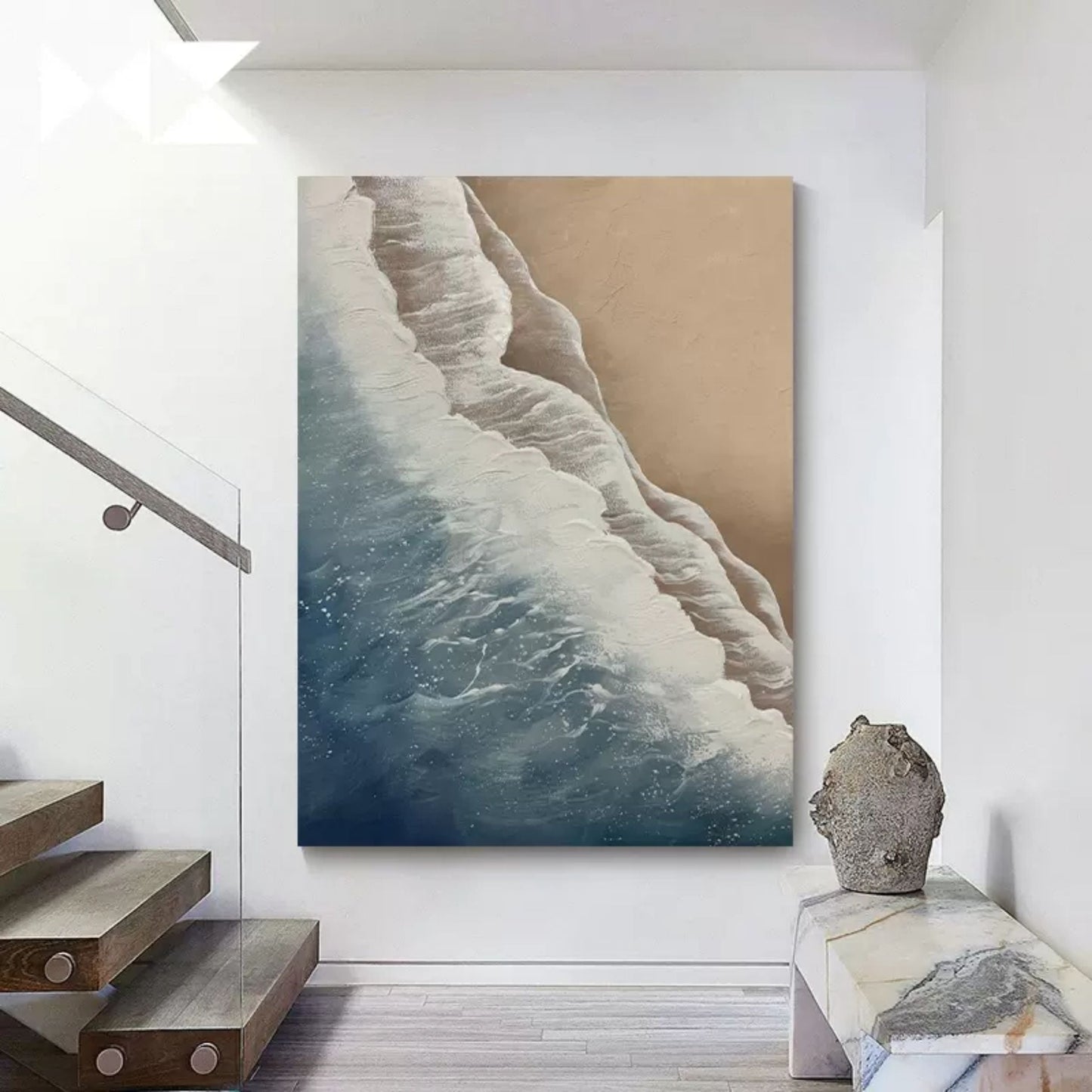 Coastal Serenity: Textured Ocean Waves and Sandy Shore Oil Painting