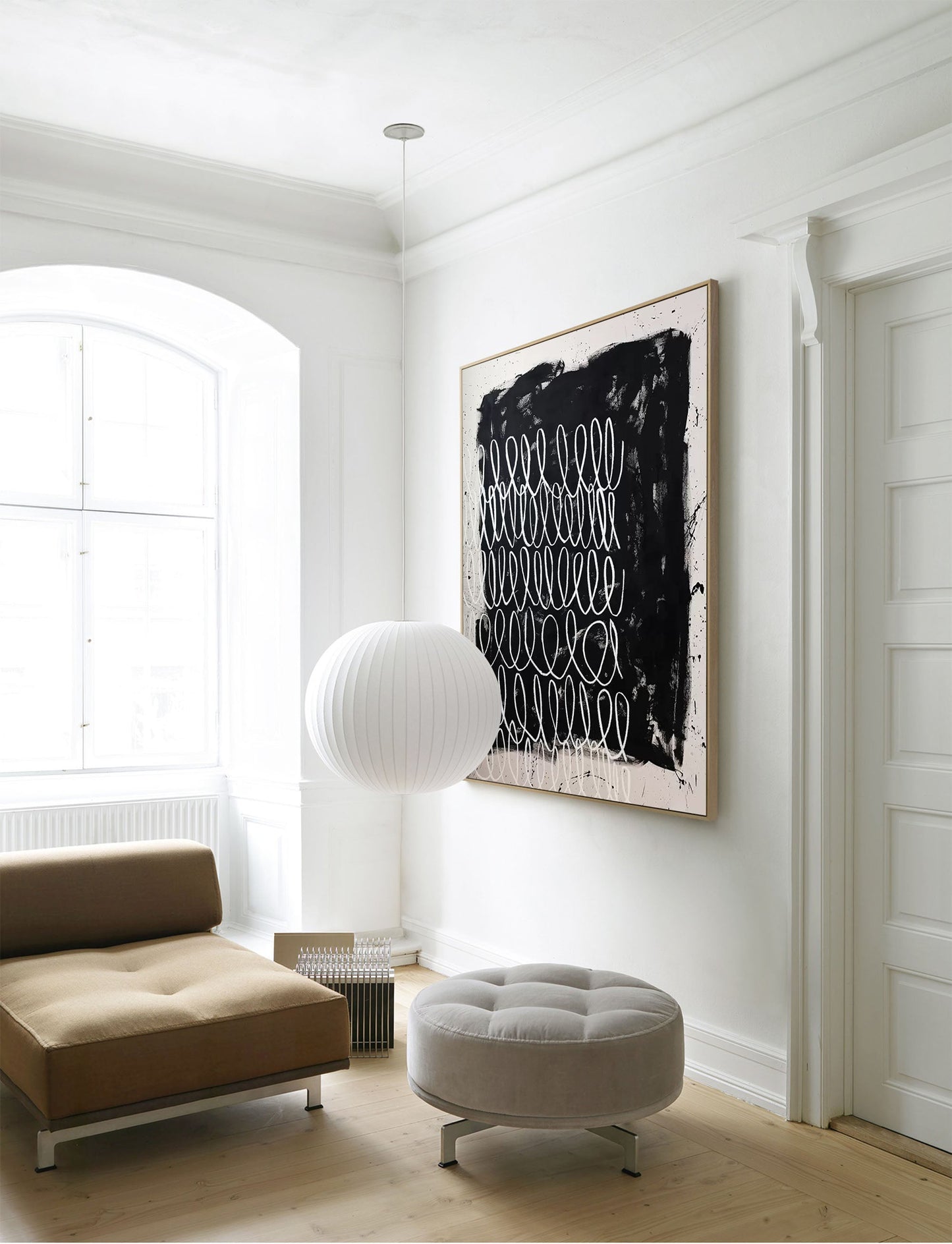 Contemporary Minimalist Black and White Line Art Oil Painting for Modern Decor