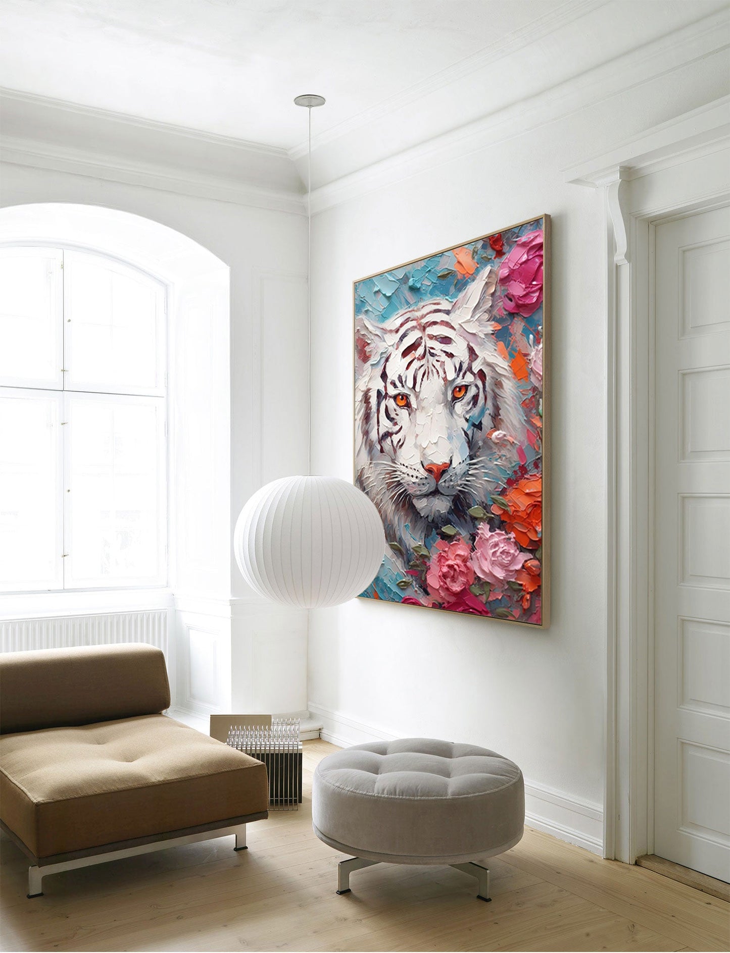 Majestic White Tiger Oil Painting with Floral Accents for Animal Lovers