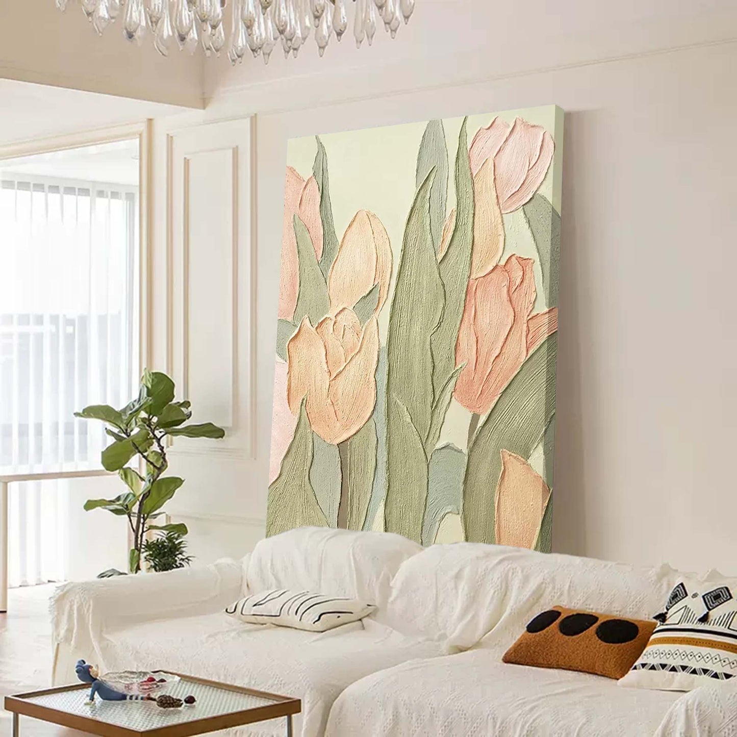 Elegant Floral Oil Painting of Soft Pink Tulips on Textured Canvas