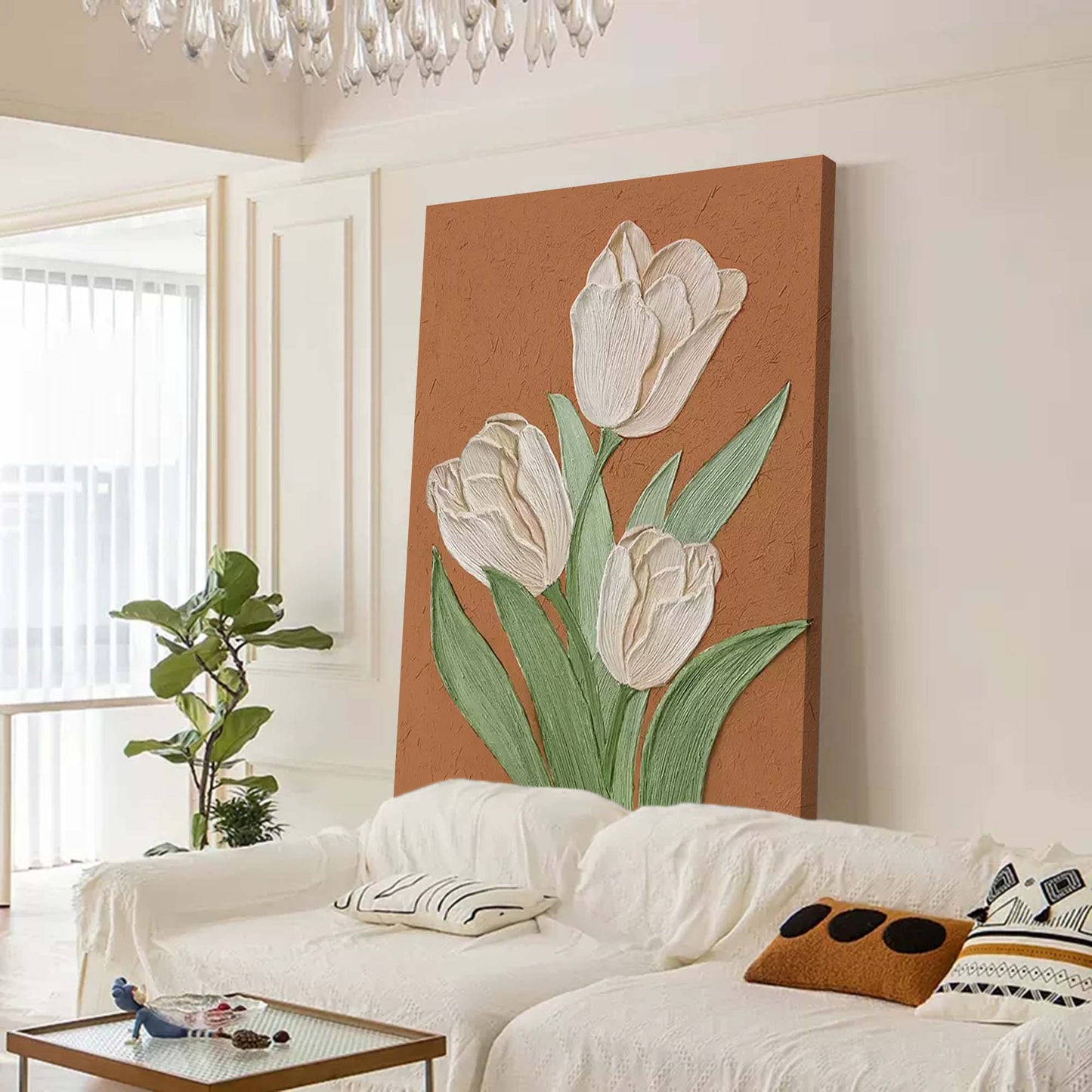 Elegant Cream Tulips Oil Painting on Brown Canvas | Floral Wall Art Decor
