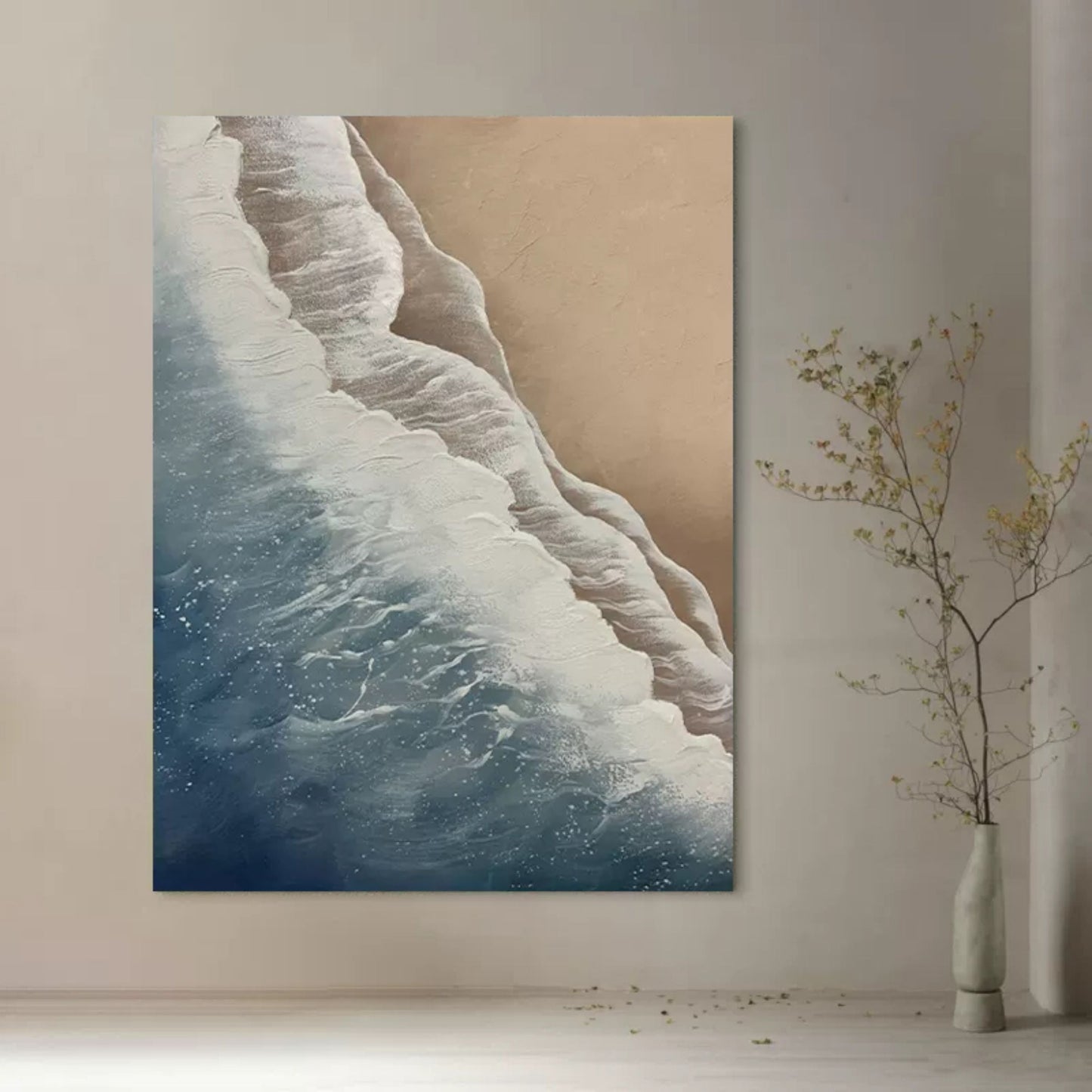 Coastal Serenity: Textured Ocean Waves and Sandy Shore Oil Painting