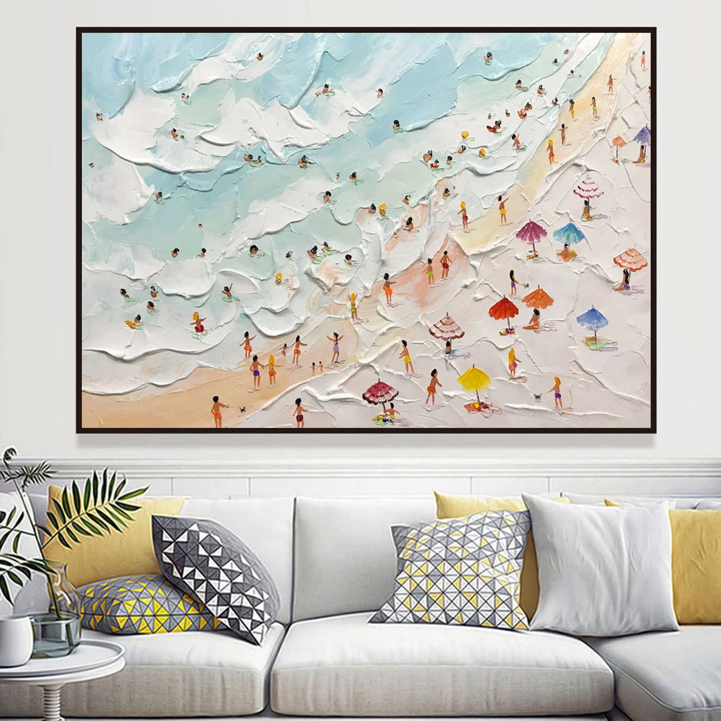 Colorful Beach Scene Oil Painting with Textured Waves and Vibrant Umbrellas