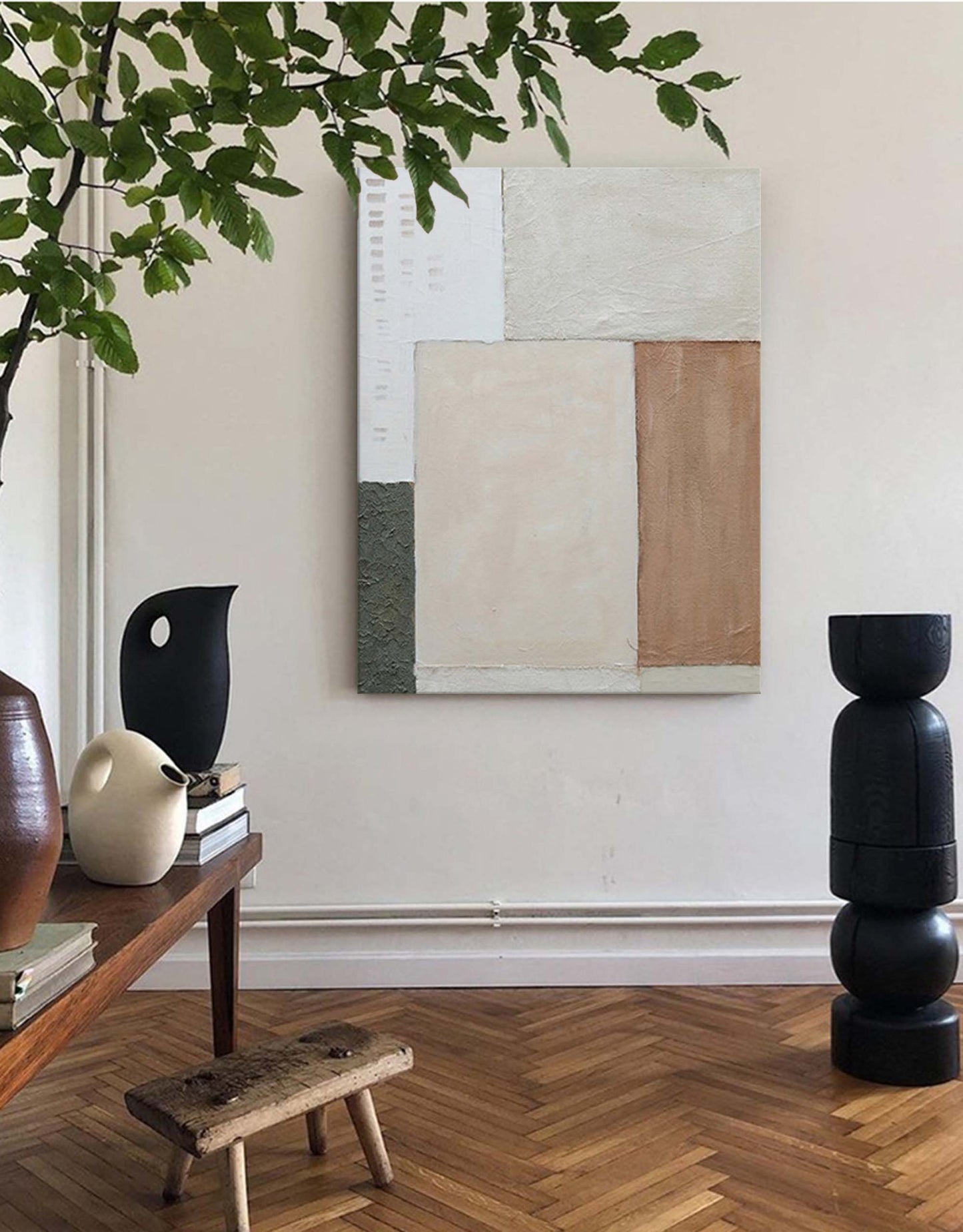 Modern Minimalist Oil Painting with Geometric Shapes and Neutral Tones for Home Decor