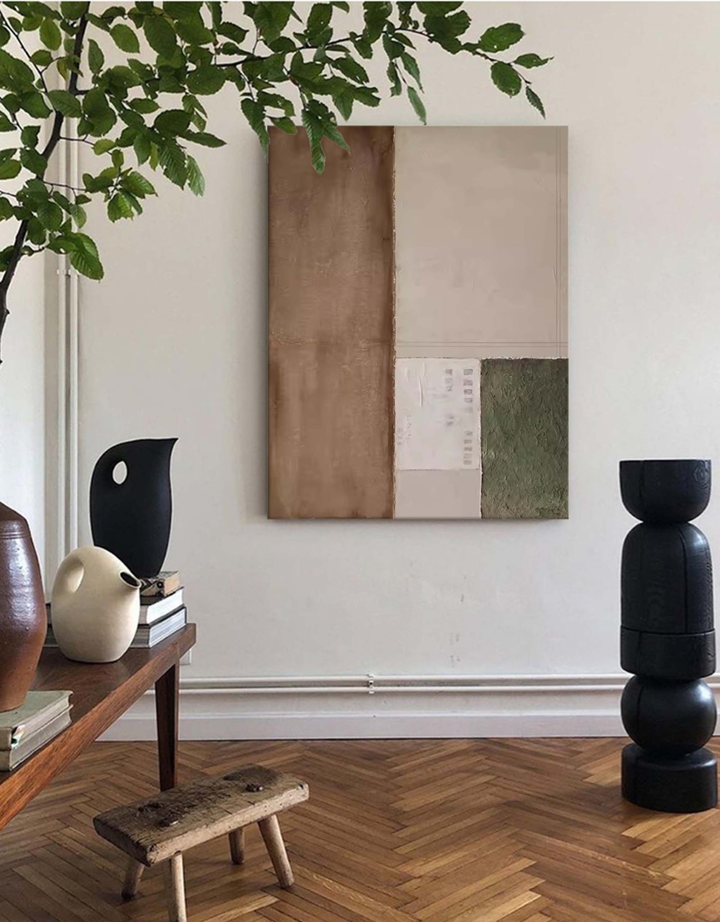 Elegant Minimalist Geometric Oil Painting in Earthy Tones for Modern Decor