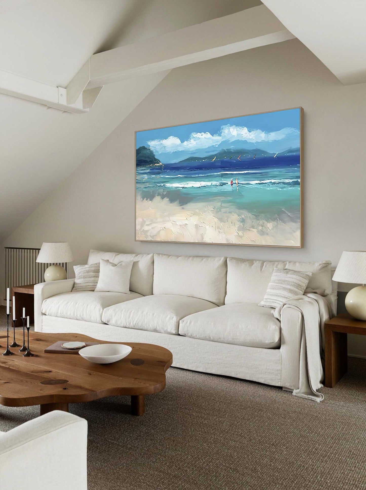 Vibrant Beach Scene Oil Painting with Ocean Waves and Sailboats