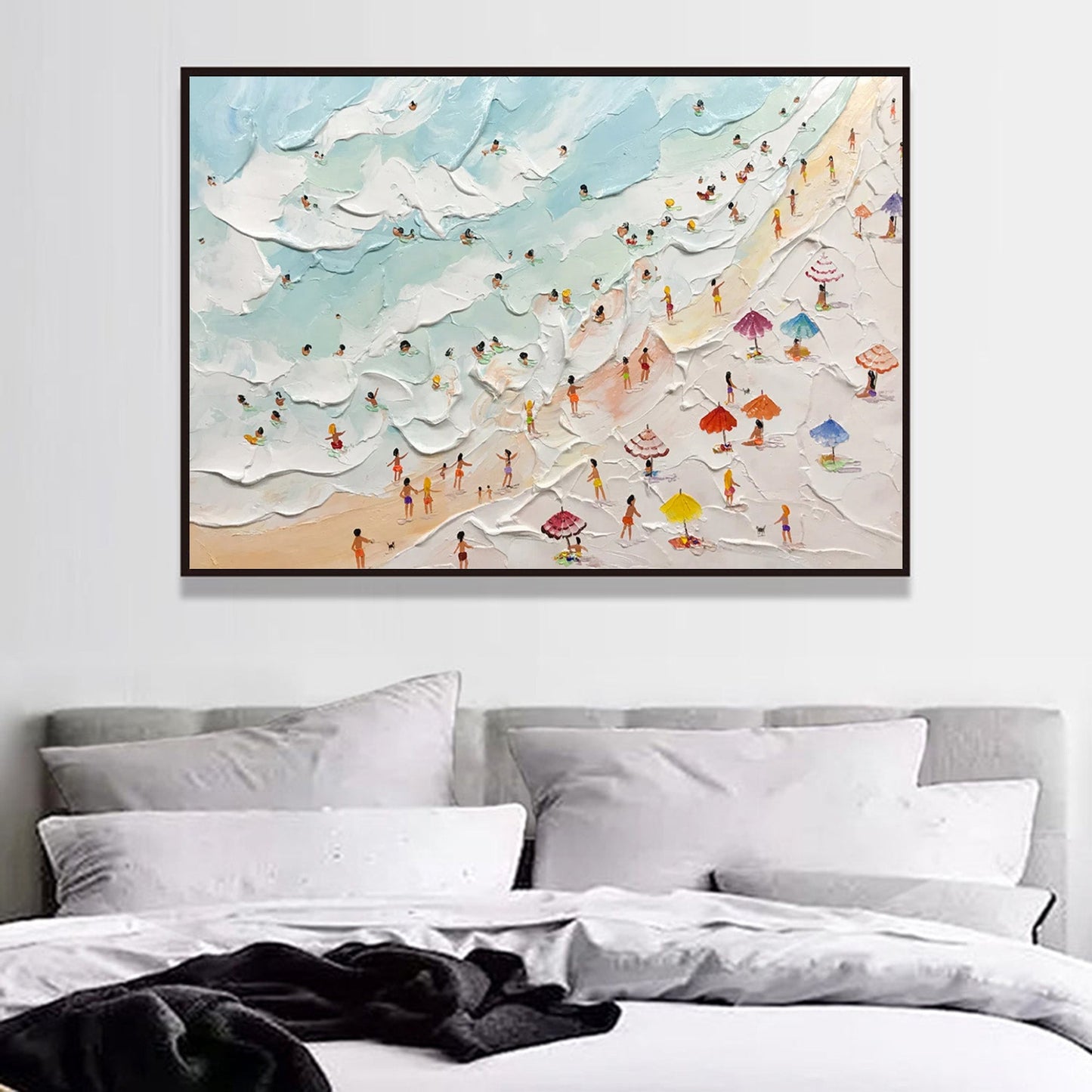 Colorful Beach Scene Oil Painting with Textured Waves and Vibrant Umbrellas