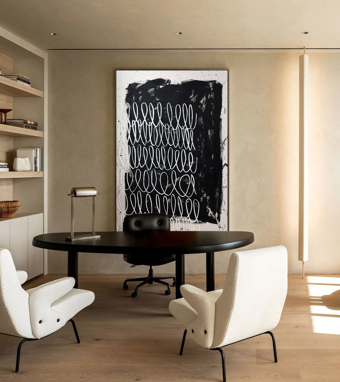 Contemporary Minimalist Black and White Line Art Oil Painting for Modern Decor
